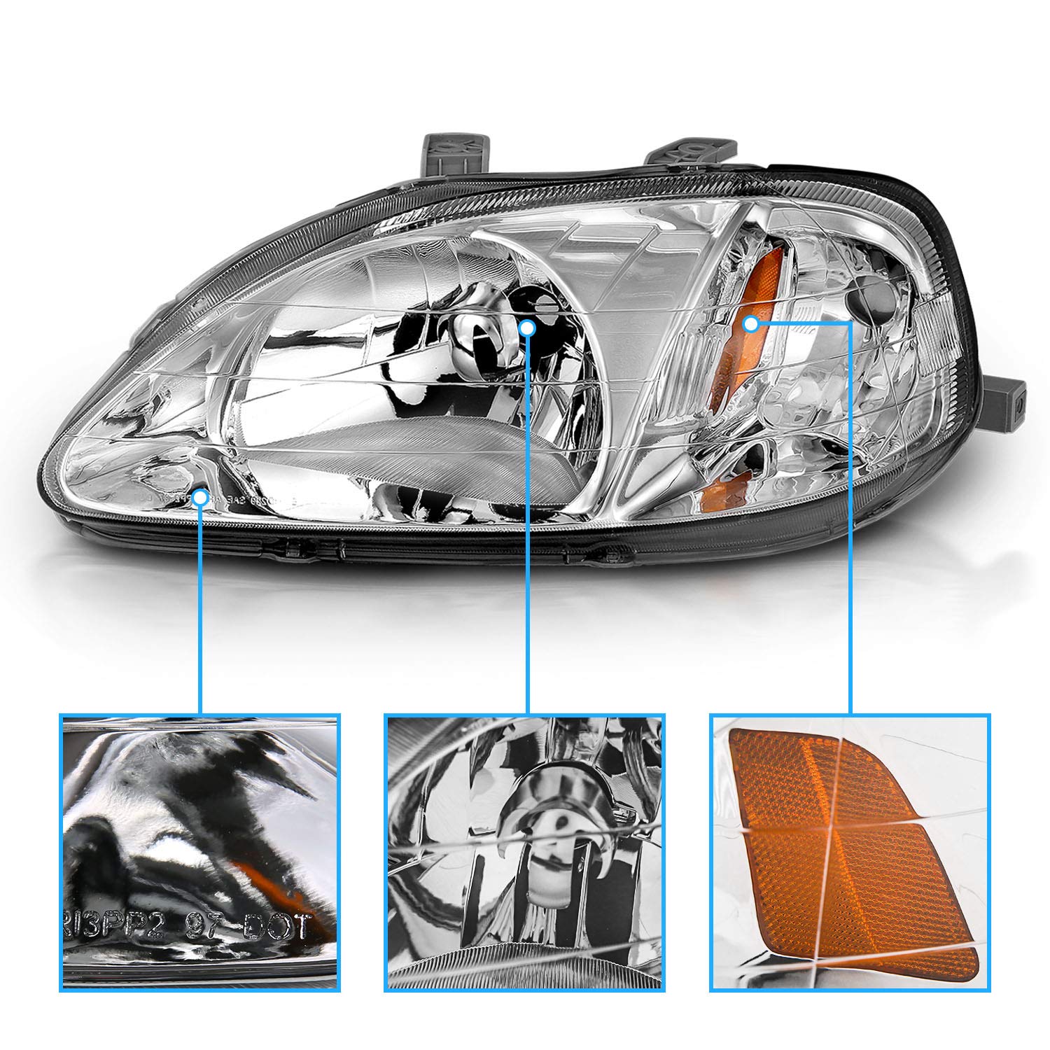 AmeriLite Chrome Replacement Headlights Set for 1999-2000 Honda Civic - Left & Right Side Headlamps - Perfect for Night Driving & Car Restoration Projects
