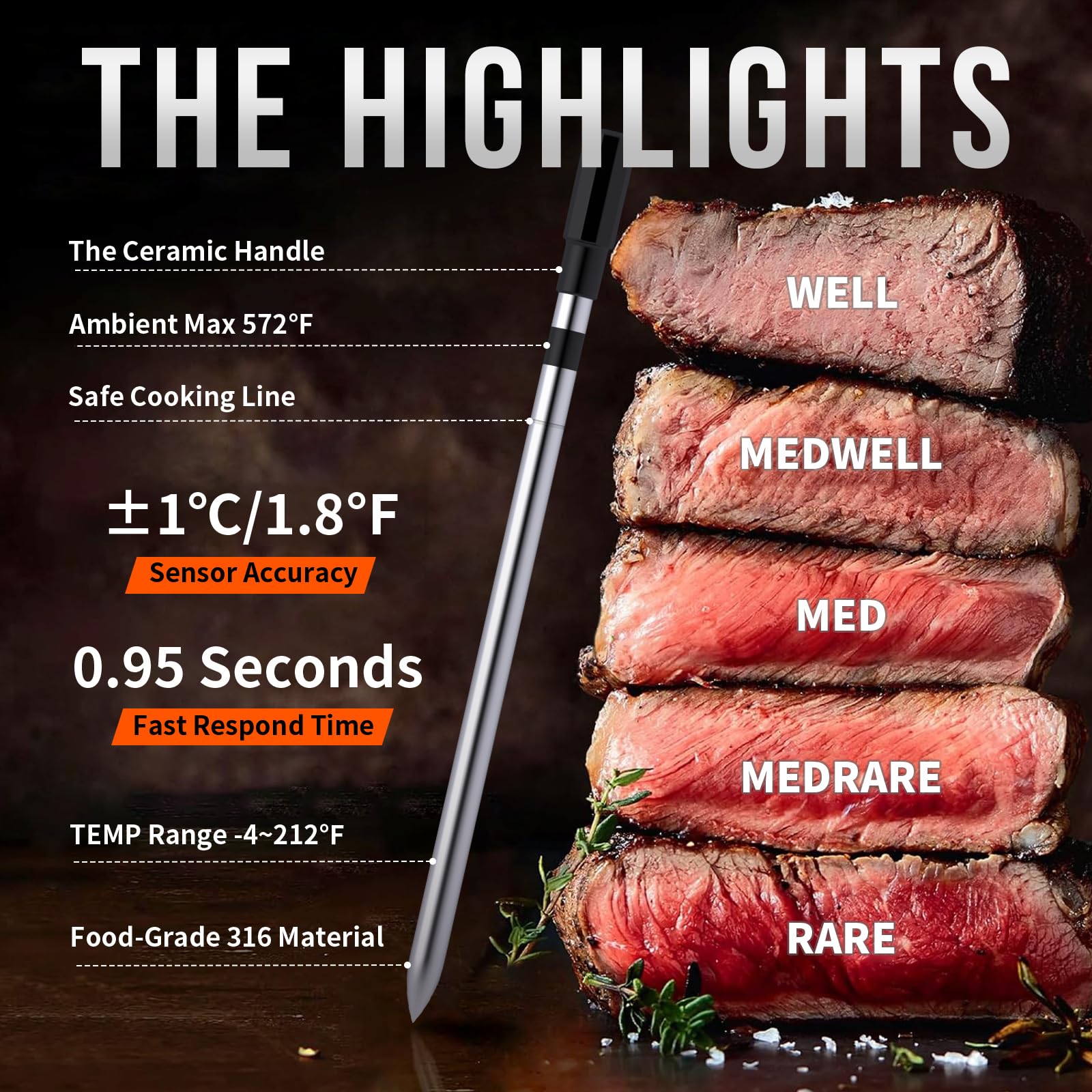 Wireless Meat Thermometer with 800FT Bluetooth Range - Digital Cooking Thermometer for Grill, Oven, Smoker, Air Fryer & Rotisserie - Remote Monitoring via iOS/Android App - Perfect for BBQ, Baking & Outdoor Cooking