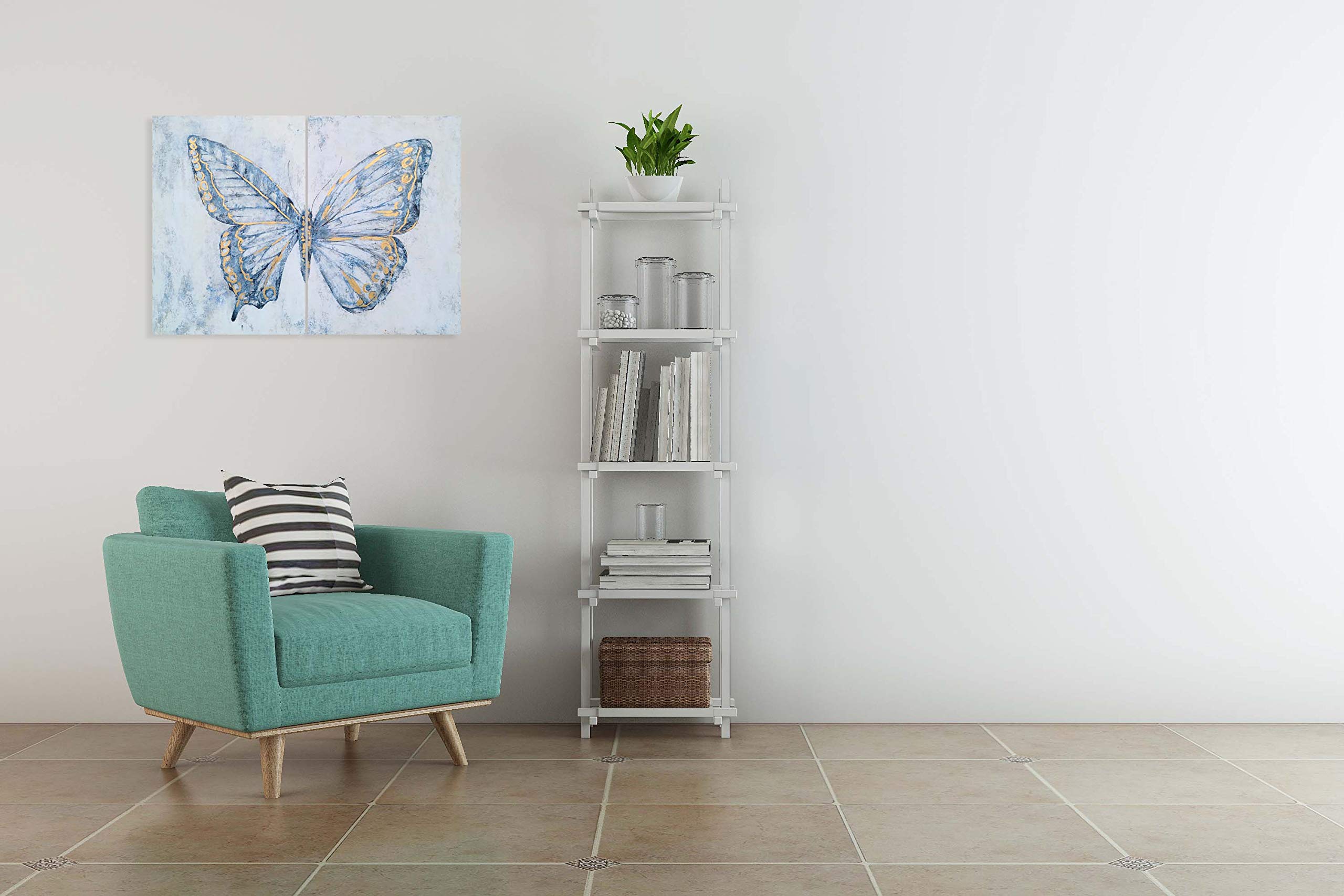 Hand Painted Blue & White Butterfly Canvas Wall Art Set of 2 - Modern Abstract Animal Paintings with Gold Foil Accents | Perfect for Living Room, Bedroom, Bathroom & Nursery Decor | Home & Office Wall Decorations