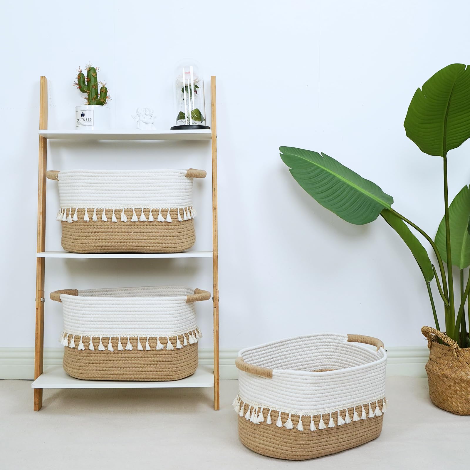TeoKJ 3-Pack Woven Storage Baskets - Cotton Rope Organizing Bins for Clothes, Books, Plants & Pet Supplies | Boho Chic Home Decor for Bedroom, Nursery & Living Room Organization | White & Jute Fabric Storage Solutions