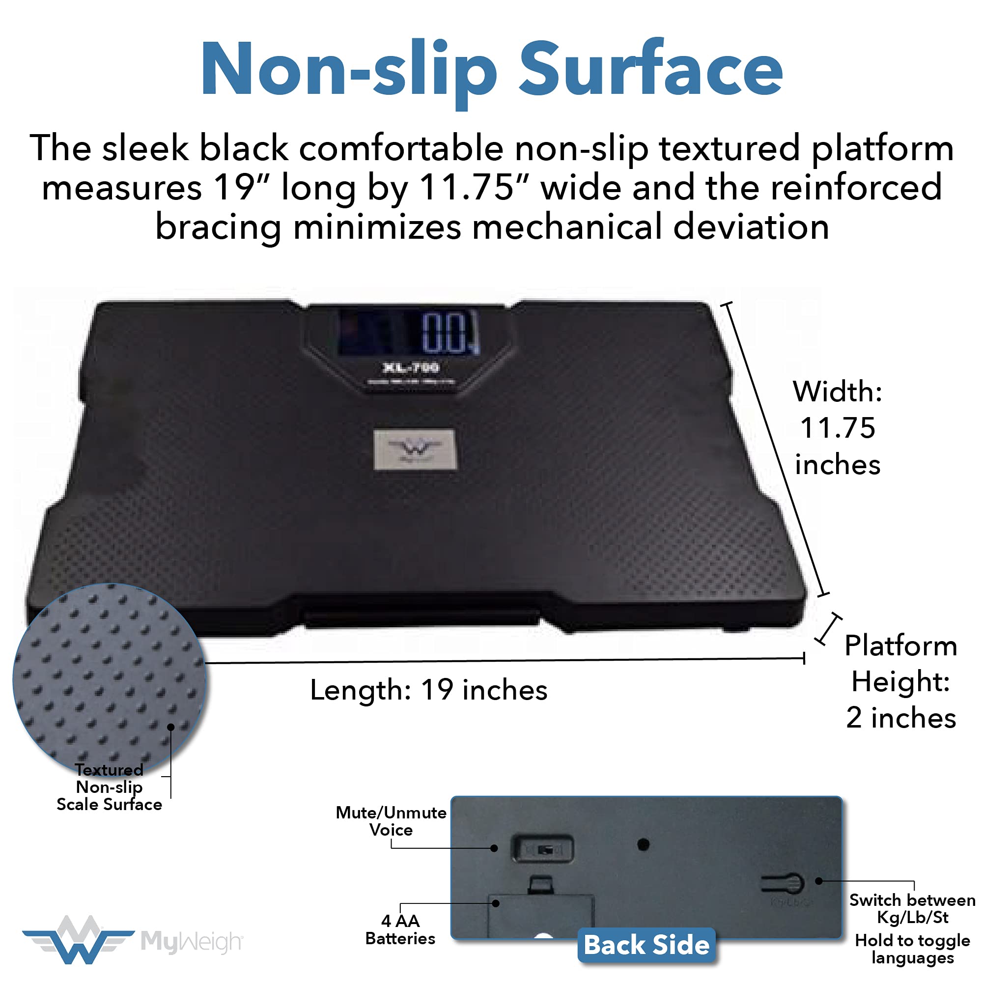 My Weigh XL-700 Digital Talking Bathroom Scale - 700 lb/320 kg Capacity - Voice Announcement for Visually Impaired - Perfect for Home, Gym & Healthcare Use