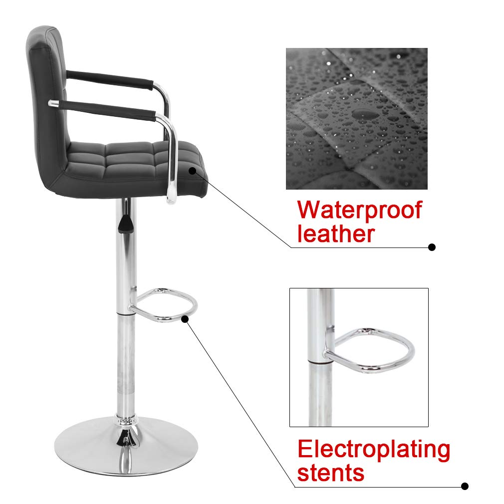 HHS Adjustable Swivel Bar Stool Set of 2 - PU Leather Counter Height Bar Chairs with Backrest & Arms, Metal Base for Kitchen Island, Dining Room, Bar Counter - Perfect for Entertaining, Breakfast Nooks & Home Decor (Black)