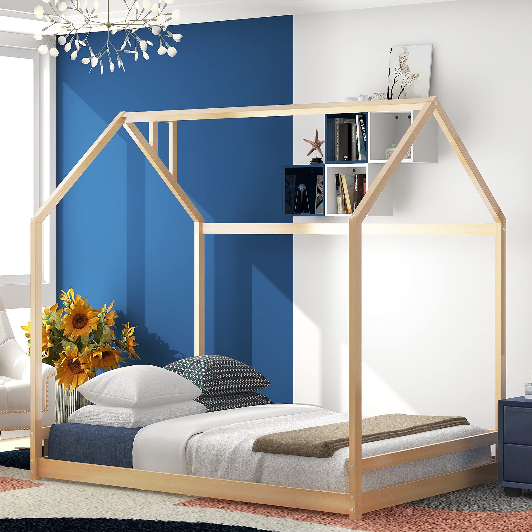 MERITLINE Twin Size House Bed Frame with Roof - Sturdy Wooden Loft Bed for Kids & Teens, No Box Spring Needed - Perfect for Bedrooms, Playrooms & Dorm Decor
