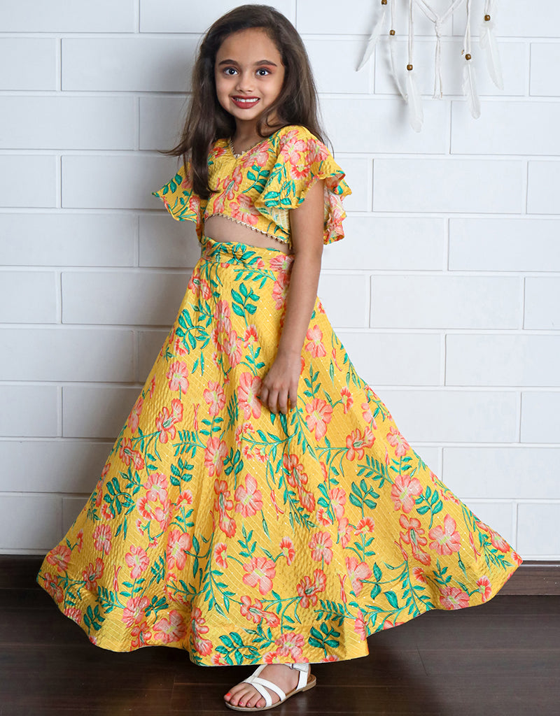 All-Season Designer Kids Lehenga Choli Set - Yellow Chinon Sequins Crochet with Digital Print for Festivals, Weddings & Special Occasions