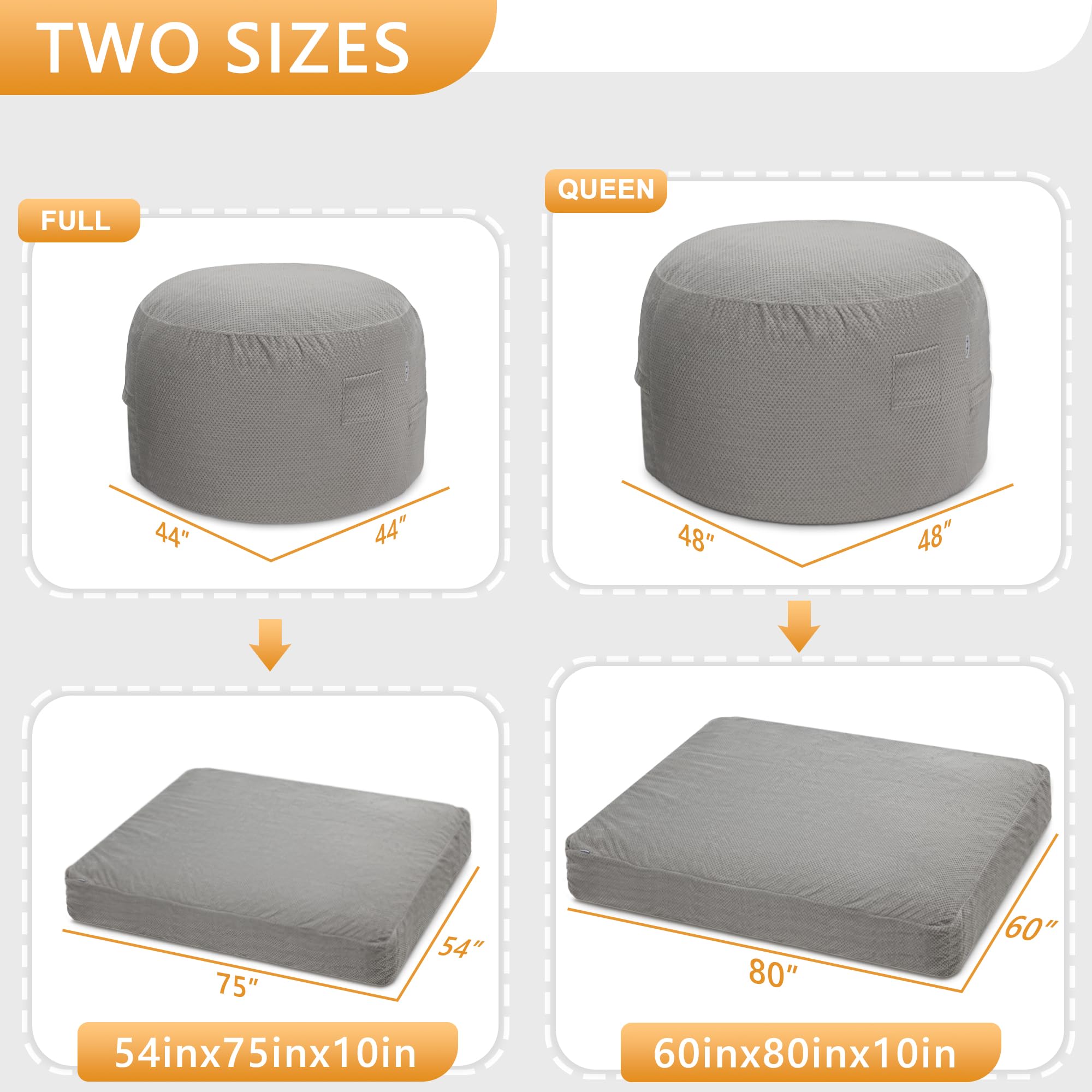 HABUTWAY Giant Chenille Bean Bag Chair - Ultra Soft Washable Cover, Convertible from Chair to Mattress - Large Comfortable Bean Bag for Adults, Couples & Family (Grey Queen) - Perfect for Living Room, Bedroom, Game Room & Home Theater Relaxation