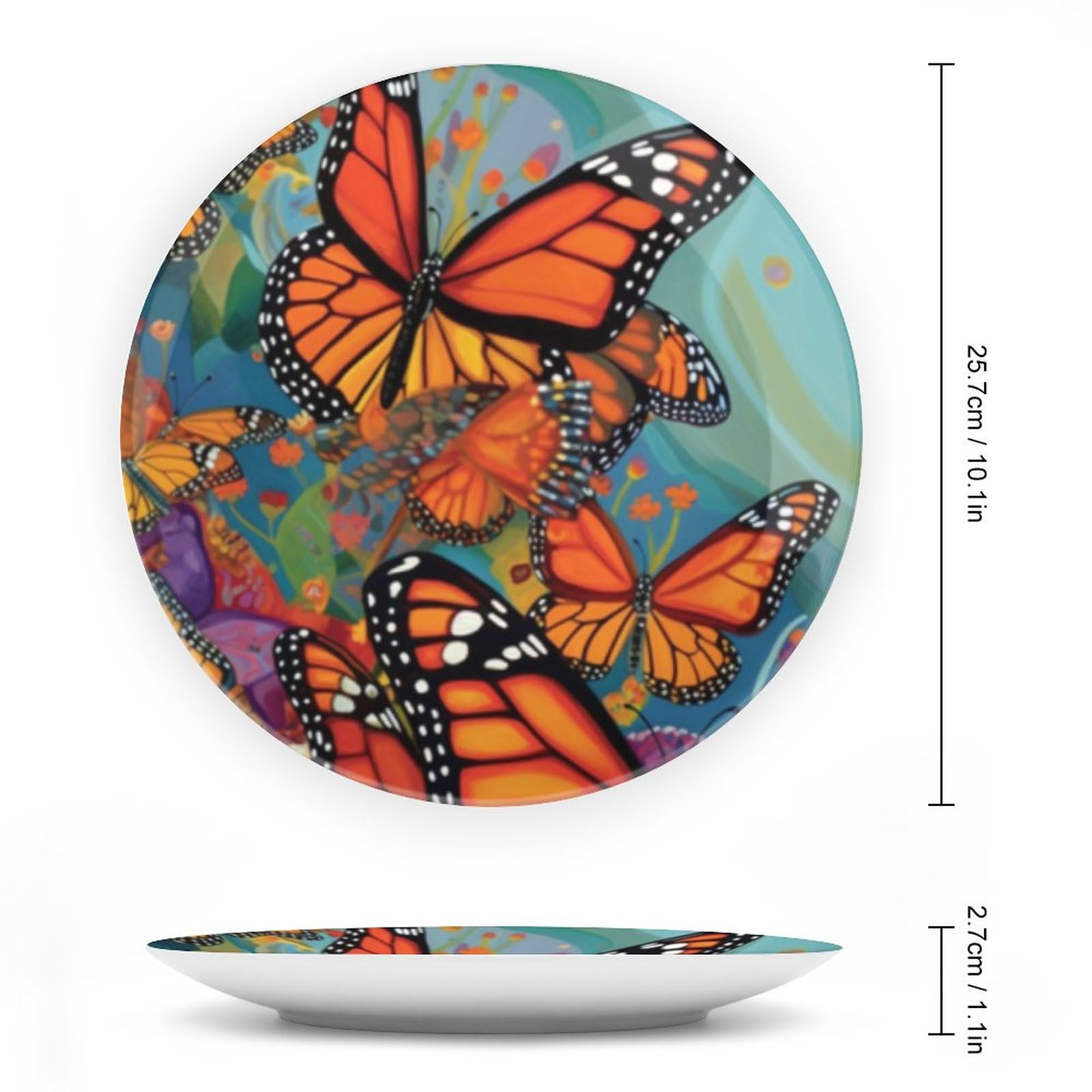 VHP Bone China Decorative Plate - Monarch Butterflies Abstract Ceramic Wall Art for Home & Office Decor with Vertical Stand | Elegant Display for Living Room, Dining Room, Bedroom or Clubhouse