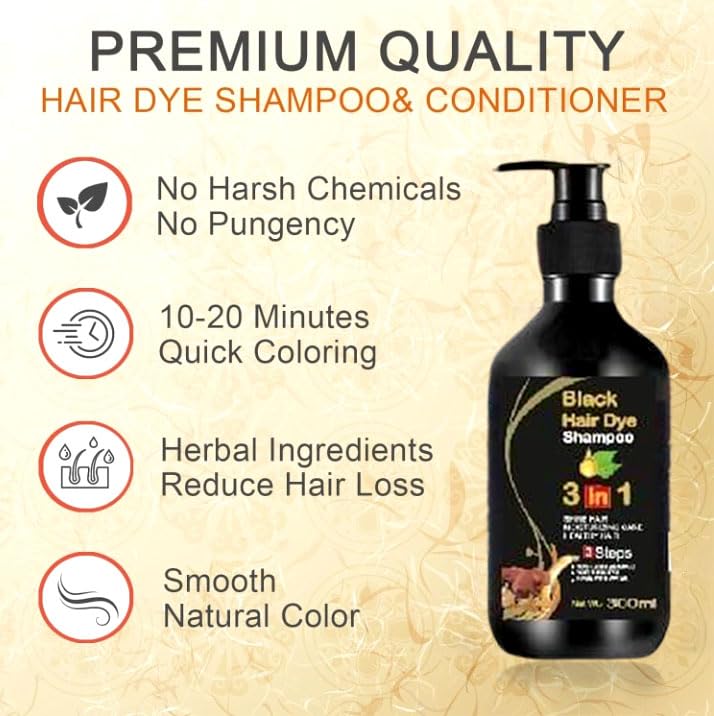 BLOSDREAM Herbal 3-in-1 Instant Black Hair Dye Shampoo for Women & Men - 100% Gray Coverage, Natural Hair Color Treatment, 300ml (Black) - Perfect for Home Use, Quick Touch-Ups & Travel-Friendly Hair Coloring