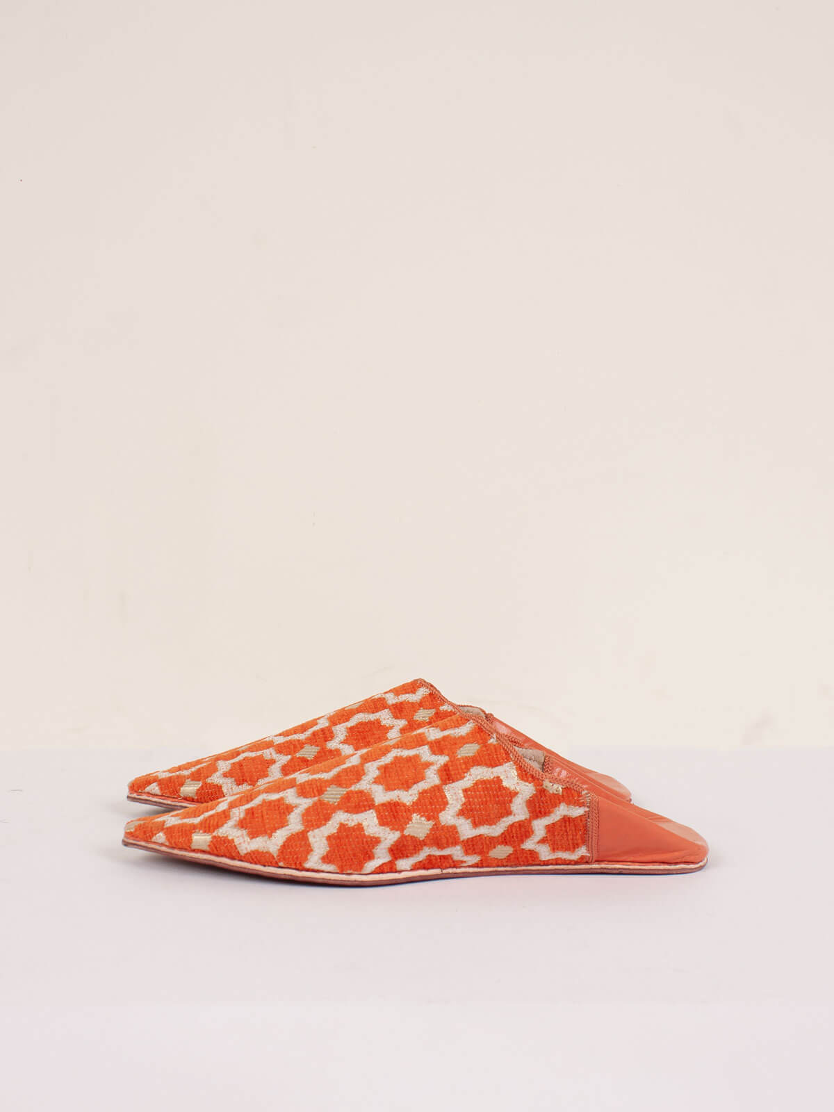 Moroccan Star Brocade Pointed Babouche Slippers - Orange Leather Handmade Shoes for Women | Perfect for Home, Lounge & Cultural Events