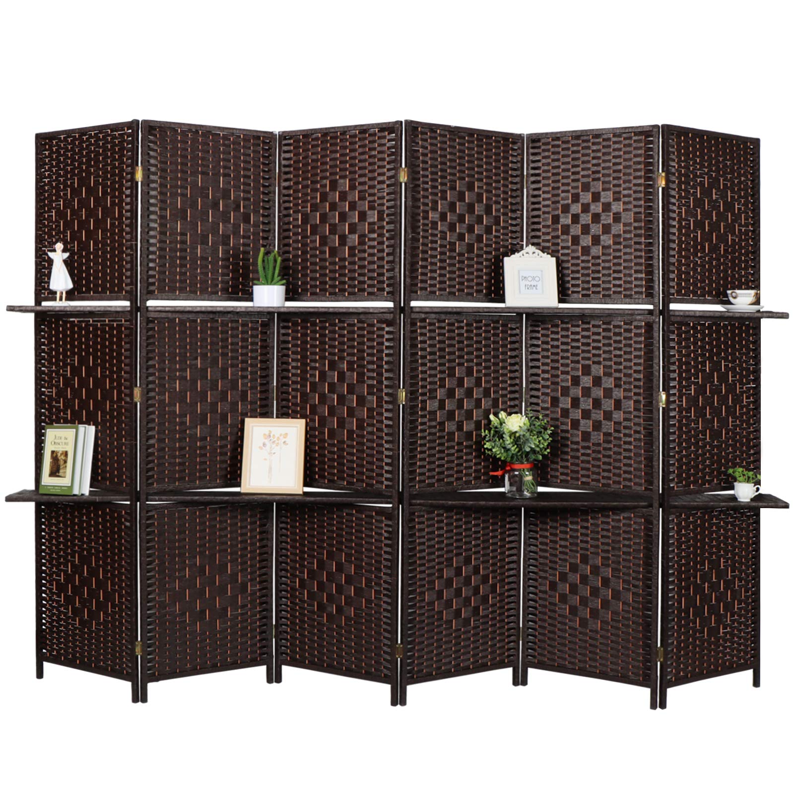 6 Panels 6 FT Tall Extra Wide Woven Fiber Room Divider with 2 Shelves - Double Hinged Folding Privacy Screen - Freestanding Partition for Living Room, Bedroom, Office (Coffee Brown)