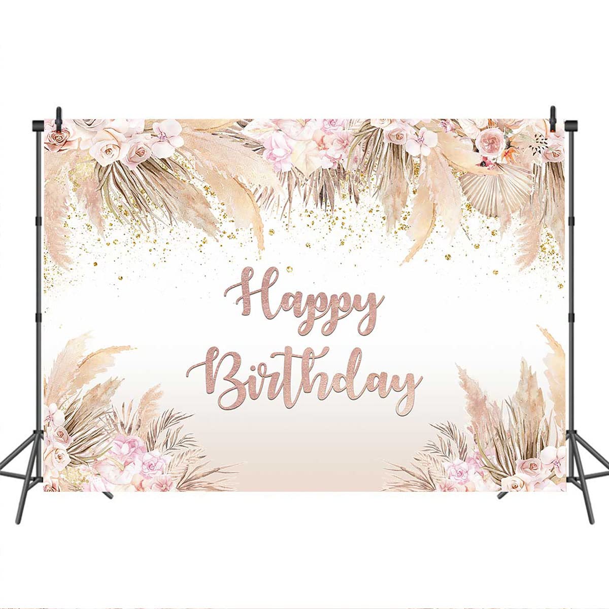 Boho Happy Birthday Backdrop for Women & Girls - Bohemian Chic Pink Flowers & Pampas Grass Vinyl Photo Booth Background (8x6ft) - Perfect for Birthday Parties, Cake Tables, and Decorations