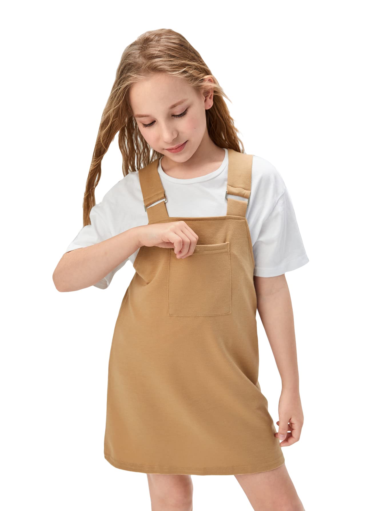 Milumia Girls' Cute Solid Color Pocket Front Straps Short Overalls Pinafore Dress - Perfect for School, Playdates & Casual Outings