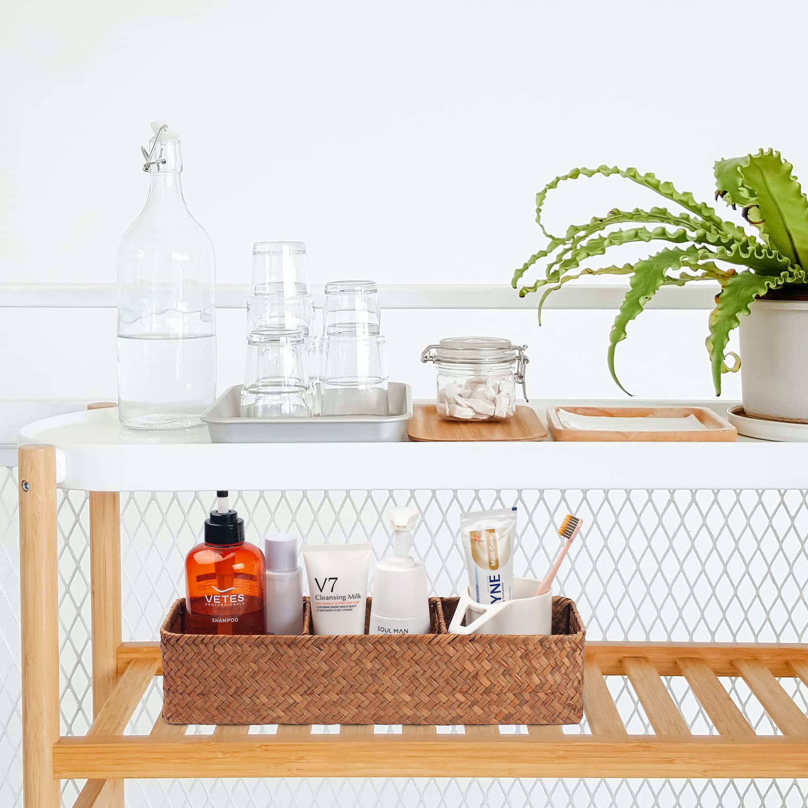 Natural Seagrass Storage Basket - Woven Shelf Organizer for Bathroom, Vanity & Dresser - 14.6