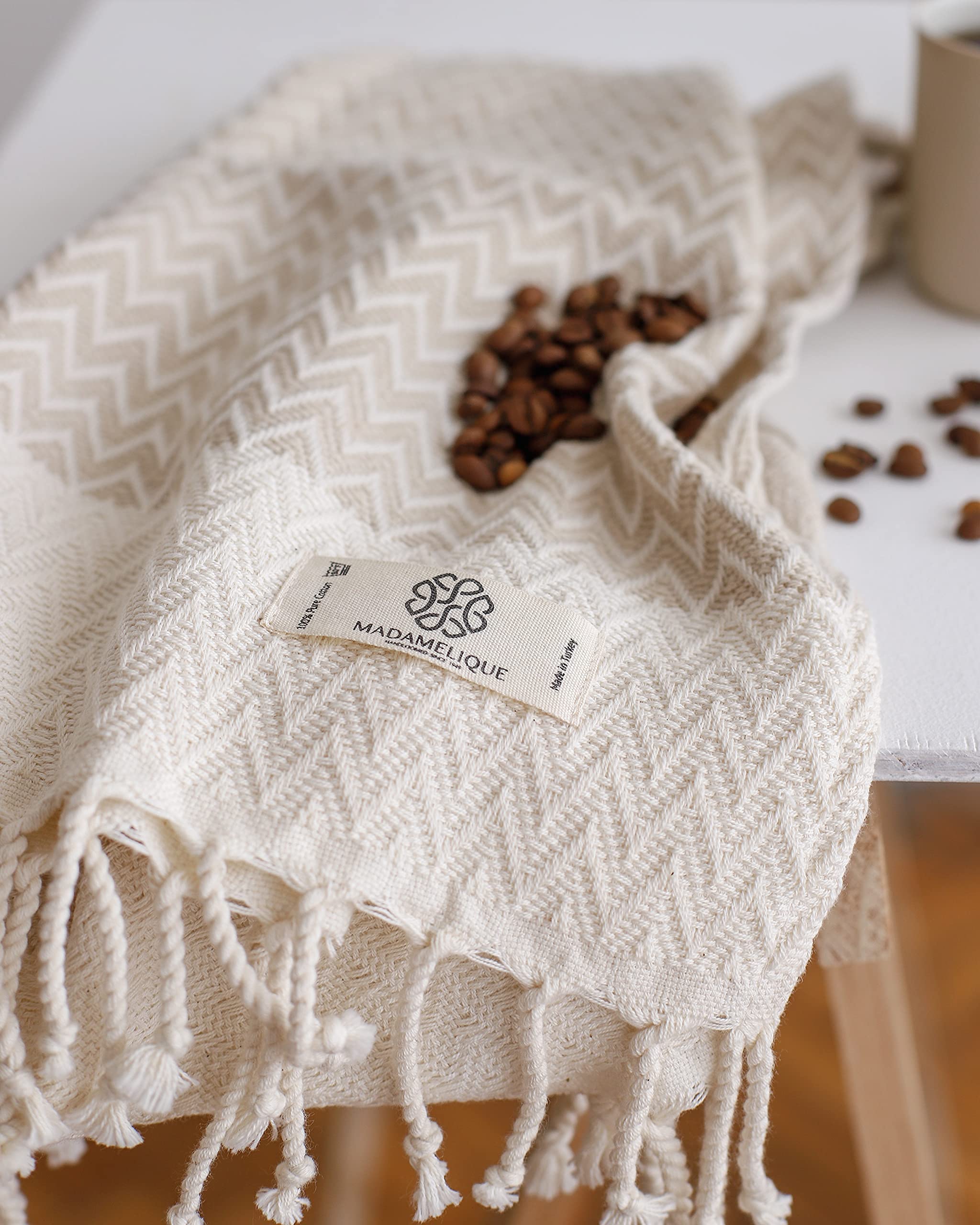 Madamelique 100% Pure Cotton Hand Towels Set of 2 (18x40 Inches) - Soft Absorbent Bath & Kitchen Towels for Hand, Face, Hair, Yoga, Spa, Tea Time & Dish Drying - Decorative Peshtemal Towel for Bathroom, Guest House & Luxury Hotels (Beige)