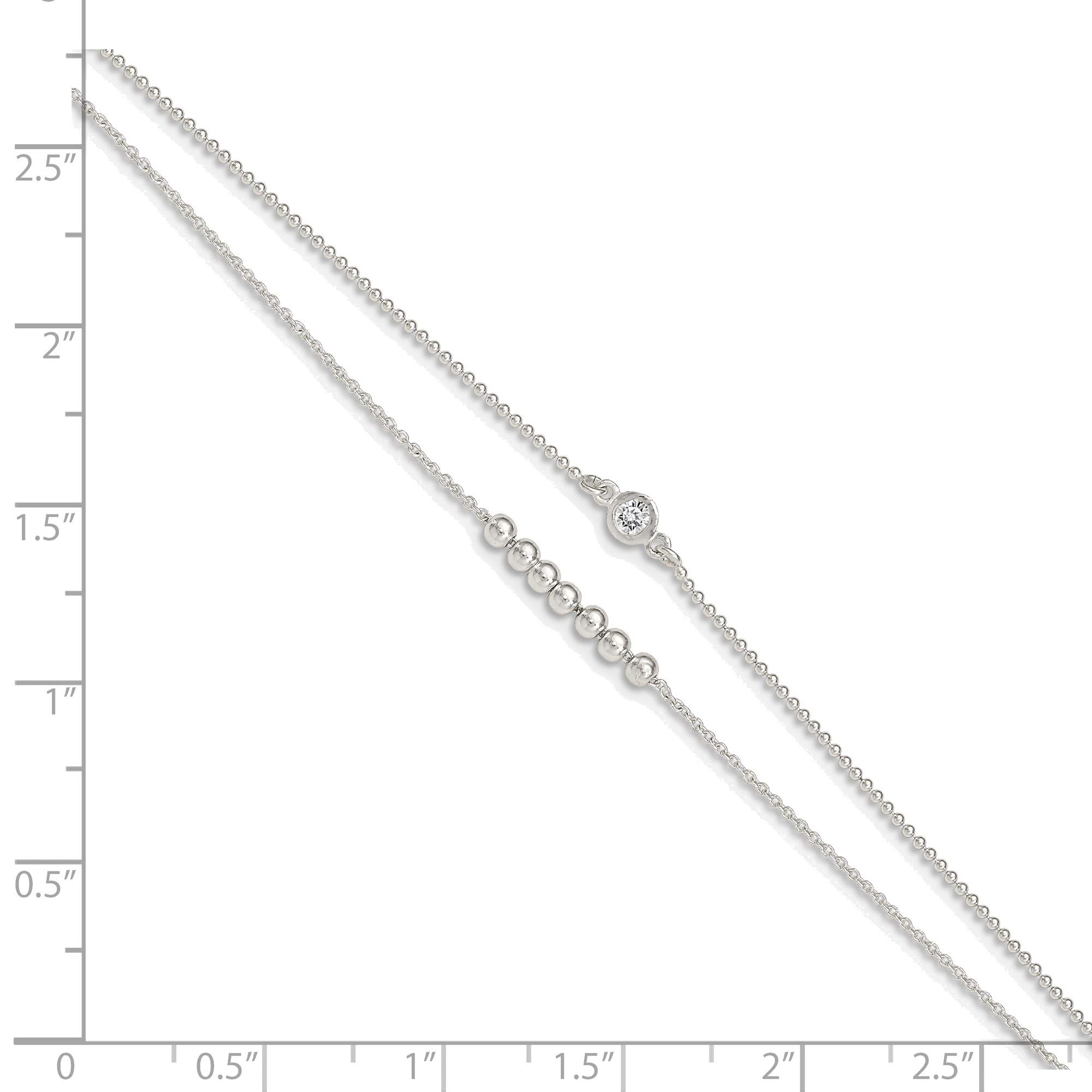 Bonyak Sterling Silver 2-Strand Beaded CZ Anklet Bracelet with 1in Extension - 9in Adjustable Ankle Chain for Women, Perfect for Beach, Summer & Boho Fashion