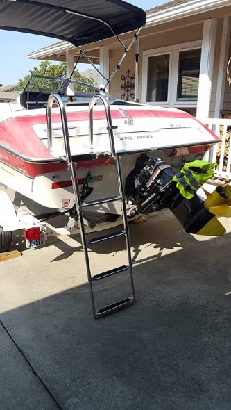 **4 Step Pontoon Boat Ladder - 316 Stainless Steel Folding Telescoping Ladder with Wide Steps & Safe Handrails - Heavy Duty Swim Deck & Dock Ladder for Rear Entry Inboard Boats - Perfect for Swimming, Boarding & Water Sports**