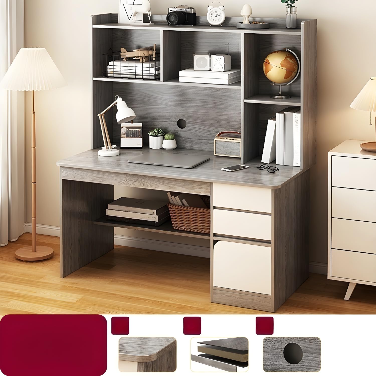 Modern Grey Wooden Credenza Desk with Storage Drawers & Shelves - 47