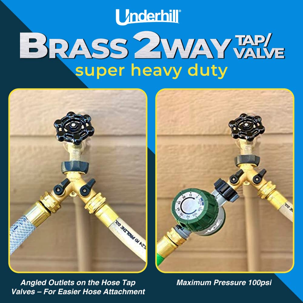 Heavy-Duty Brass 2-Way Garden Hose Splitter Adapter with Shut Off Valve - 3/4 Inch Hose Thread - Perfect for Lawn Irrigation, Car Washing & Outdoor Watering - A-HB2