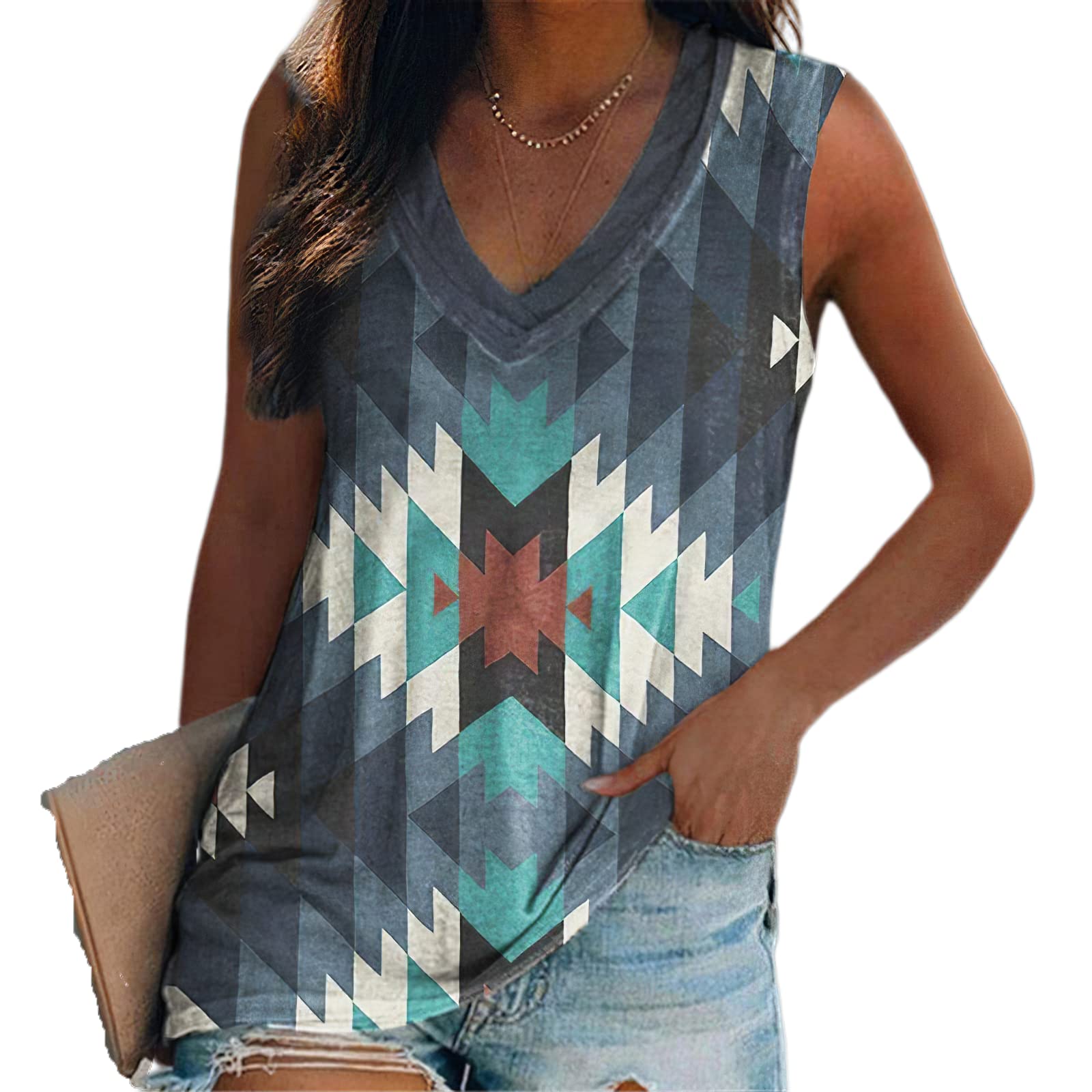Women's Western Aztec Ethnic Print Tank Tops - Geometric Sleeveless V-Neck Summer Tops for Casual Wear, Music Festivals & Boho Style Outfits
