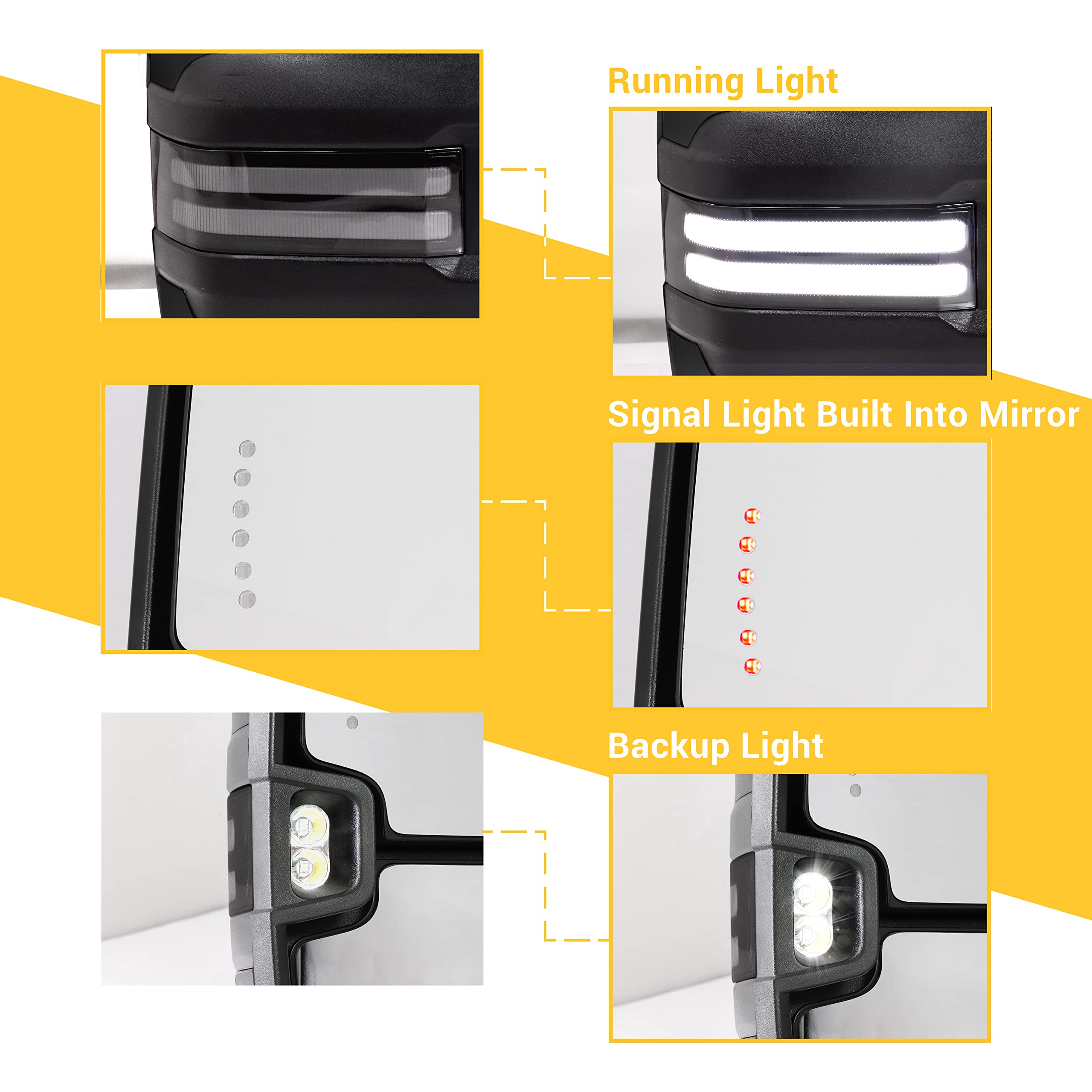 Sanooer Painted Black Towing Mirrors for 2014-2018 Chevy Silverado & GMC Sierra - Power Adjustable, Heated Glass, Switchback Dynamic Turn Signal & Running Lights - Perfect for Towing, Off-Roading & Night Driving