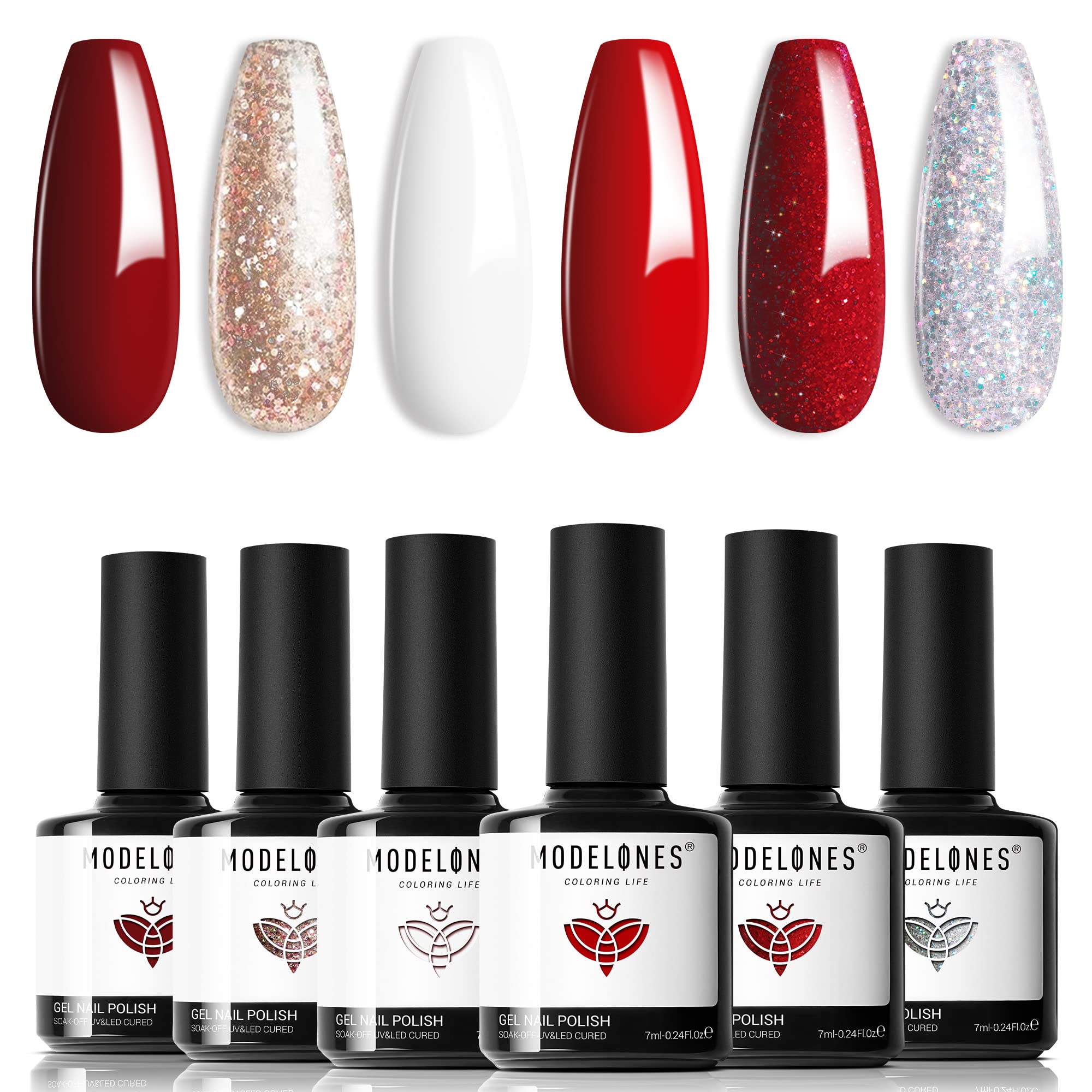 Modelones 6 Colors Red Gel Nail Polish Set - White Glitter, Sparkle Burgundy, Dark Rose, Champagne Silver, Candy Cane | Soak Off UV LED Nail Art Kit for Manicure, Salon & DIY | Perfect Gift for Women, Home Nail Care & Party Looks