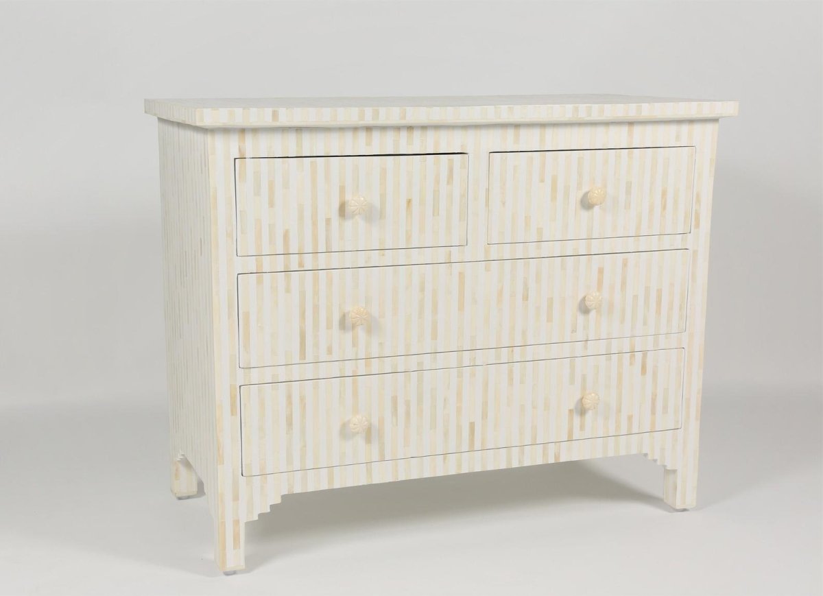 Handmade Bone Inlay Striped 4-Drawer Dresser - Vintage Boho Bedroom Furniture for Storage & Decor