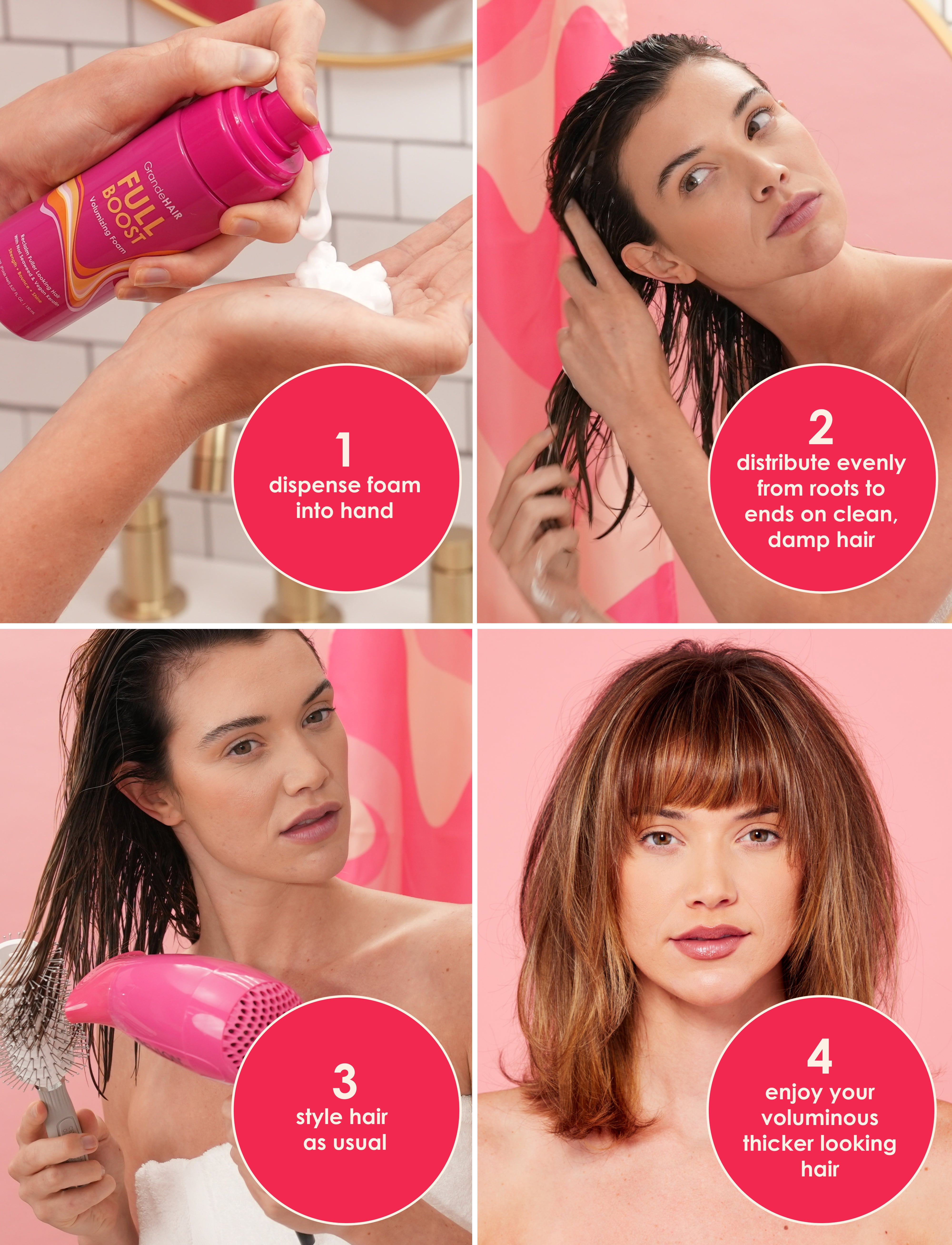 GrandeHair Full Boost Volumizing Foam for Thicker, Fuller Hair - Lightweight Styling Foam for Volume & Lift - Perfect for Fine, Flat Hair & Everyday Styling