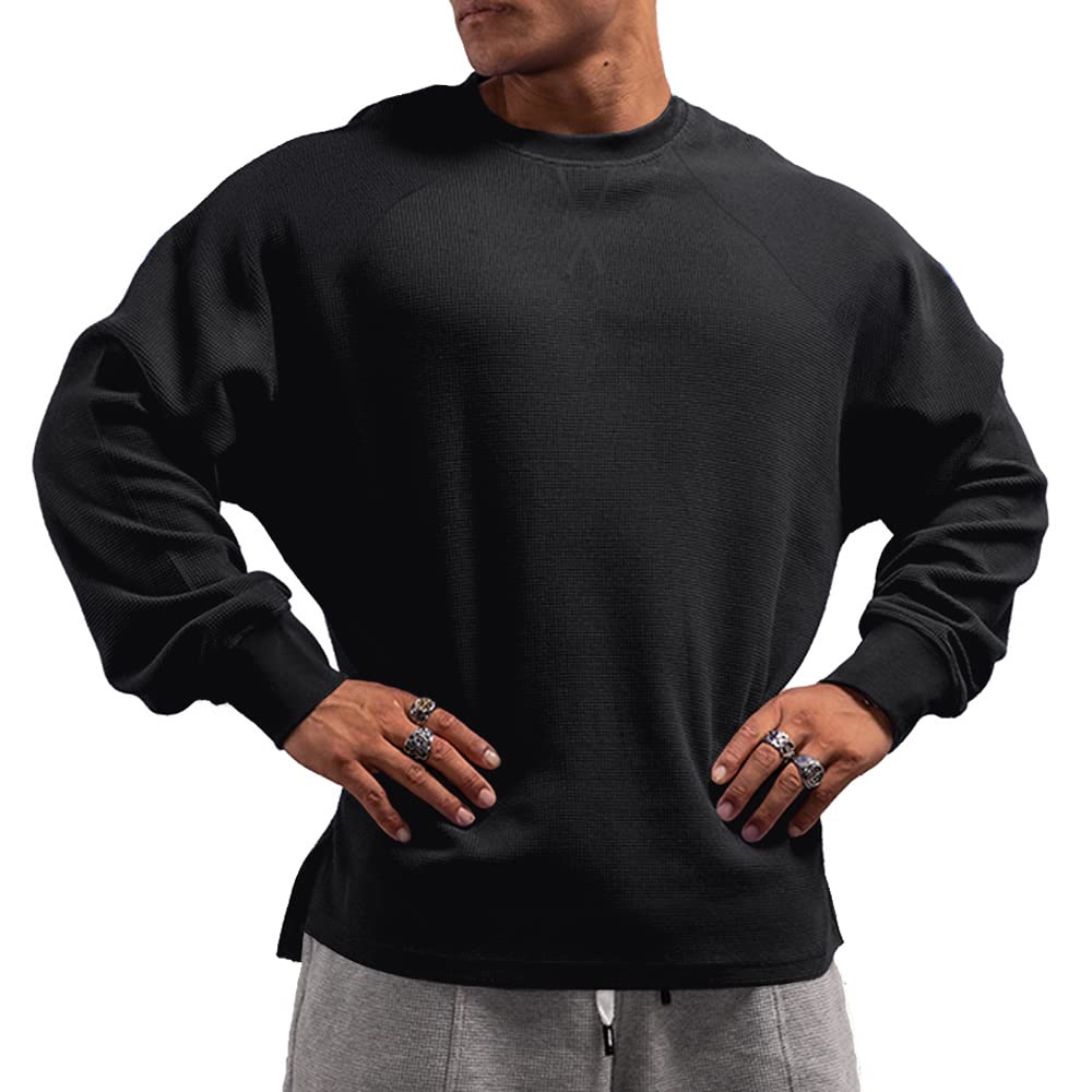 JEEING GEAR Men's Long Sleeve Waffle Knit Sweatshirt - Loose Fit Crewneck Pullover for Workout, Casual Wear & Outdoor Activities | Comfortable & Breathable Cotton Blend