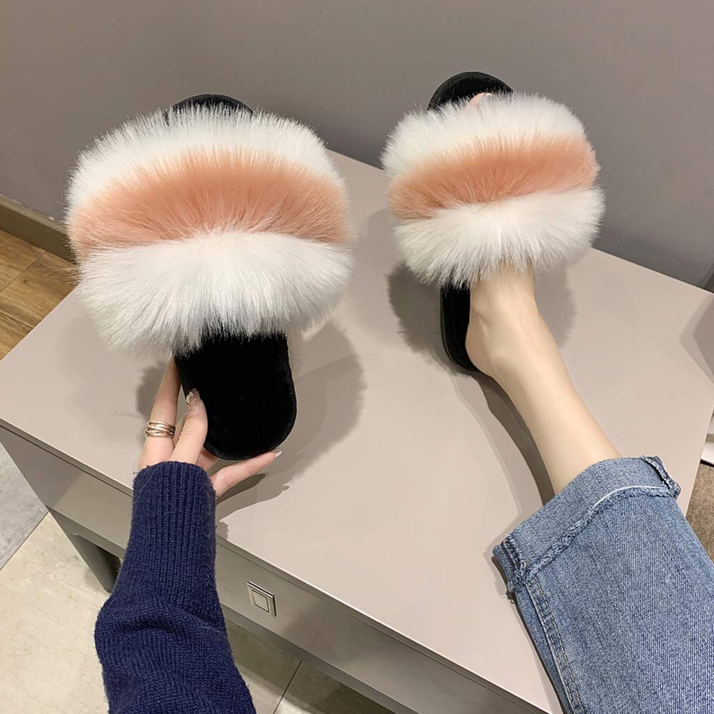 WSSBK Women's Cozy Fur Slippers - Non-Slip Flat Indoor/Outdoor House Shoes - Soft Fluffy Winter Slippers for Women (White, Size 38) - Perfect for Home, Lounge, and Cold Weather Comfort