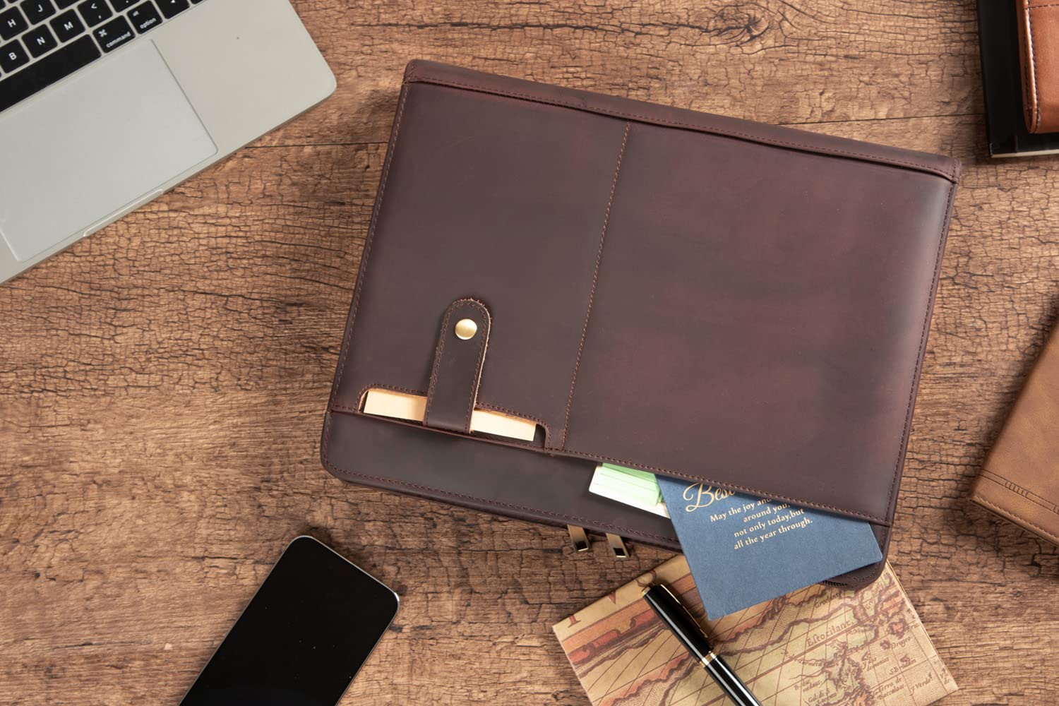 Premium Handmade Leather Portfolio for Men - Zippered Business Document Organizer with A4/Letter Size Capacity & iPad 12.9