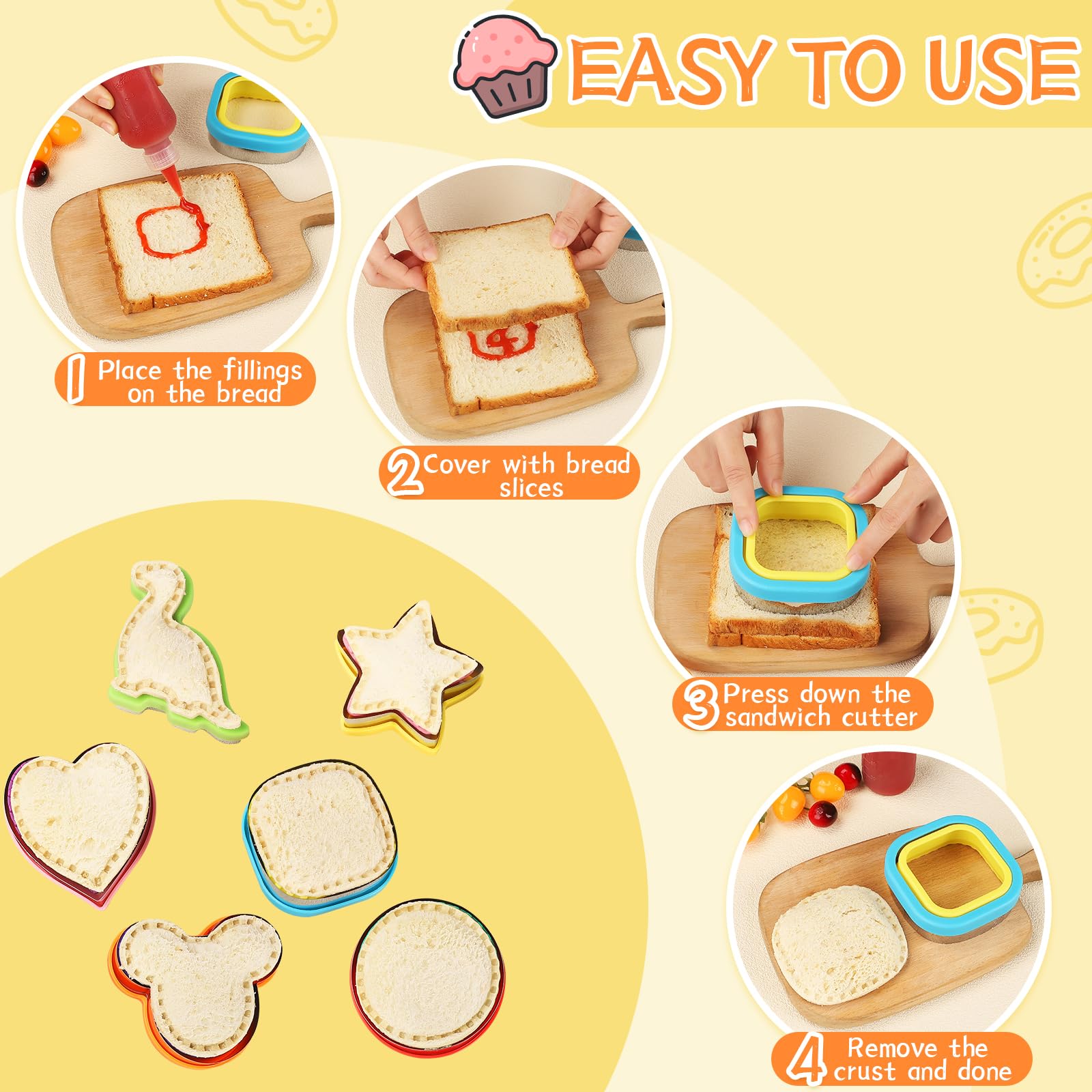 6-Pack Sandwich & Cookie Cutters Set - Stainless Steel Sandwich Maker for Bread, Pancakes, Lunchbox - Perfect for Kids' School Lunches & Party Snacks