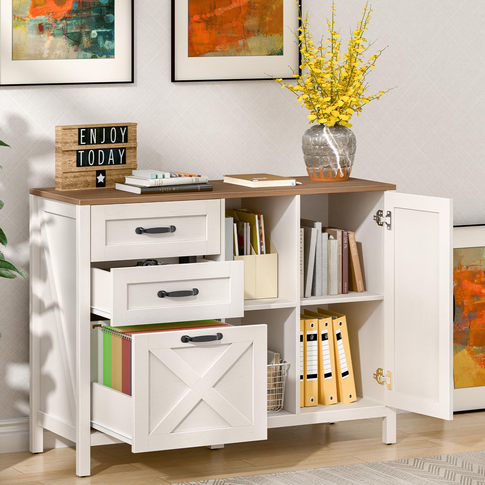 3-Drawer Lateral File Cabinet with Door & Adjustable Shelf - Farmhouse Style Home Office Storage for Letter/A4 Hanging Files - White Printer Stand & Storage Cabinet for Home, Office, or Study Room Organization