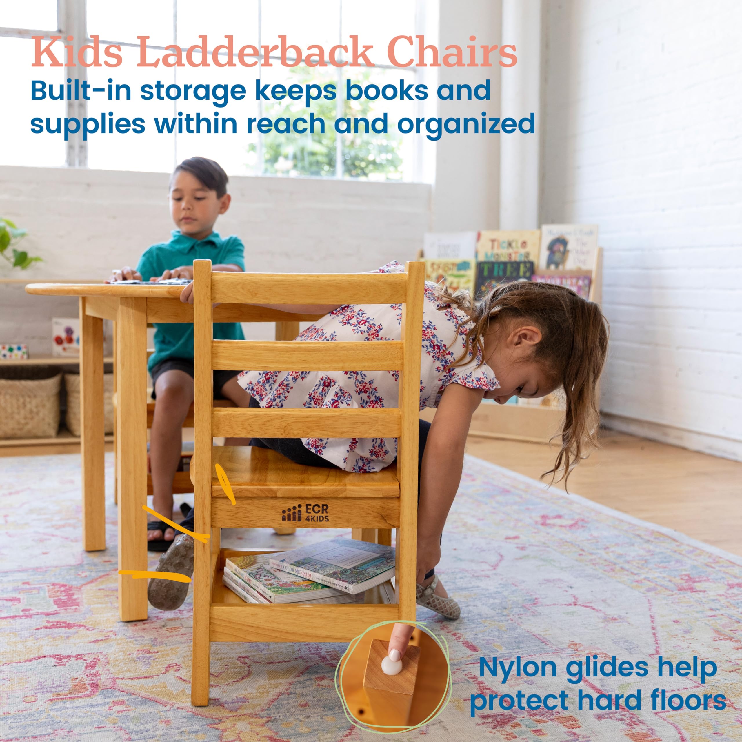 ECR4Kids 2-Pack Three Rung Ladderback Chairs with Storage - 12 Inch Seat Height, Honey Color - Perfect for Classroom Seating, Daycare, and Home Learning Spaces