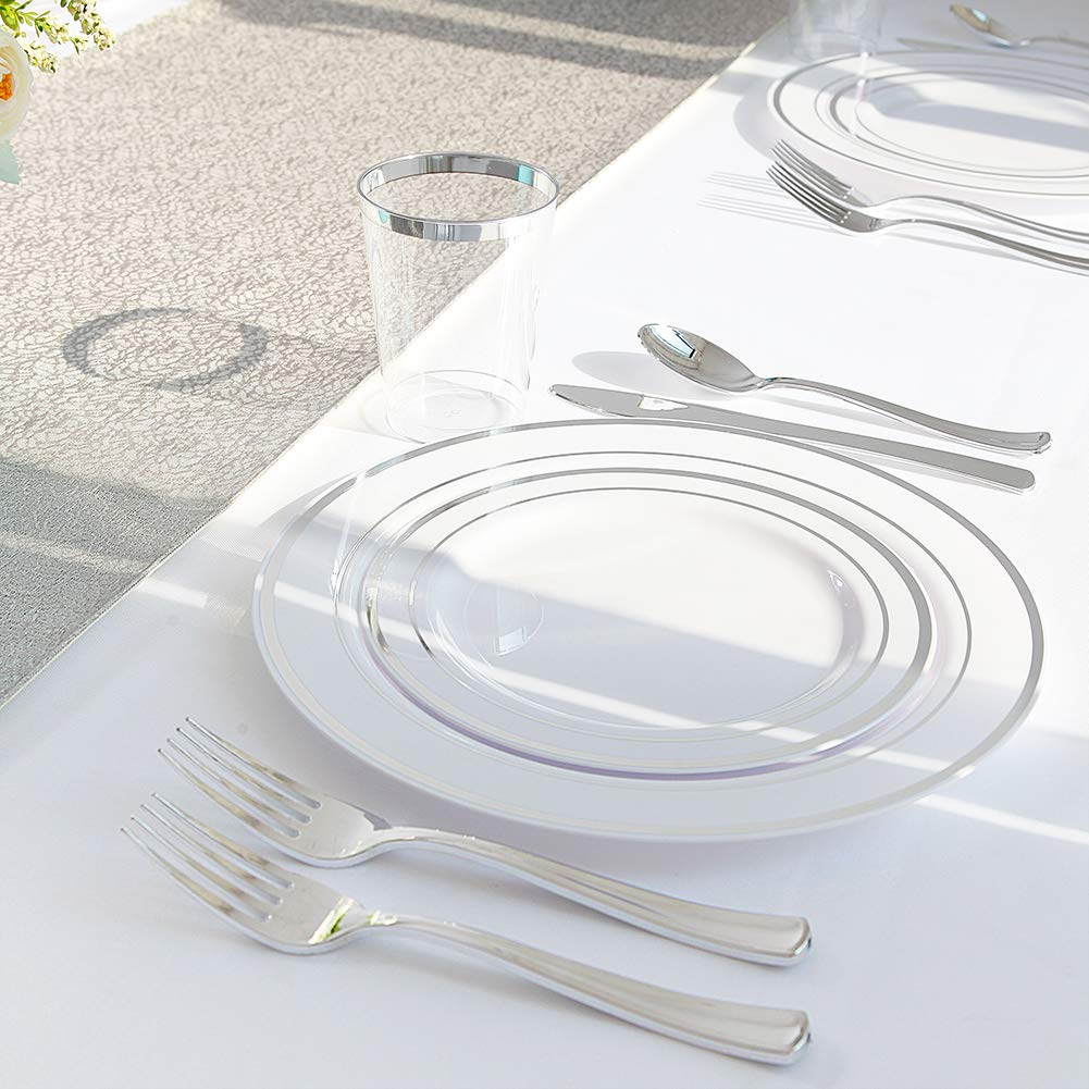 Premium 400-Piece Silver Plastic Dinnerware Set - Elegant Disposable Plates, Cutlery & Cups for Weddings, Parties, Birthdays & Holiday Events - Durable & Stylish Tableware for Any Celebration
