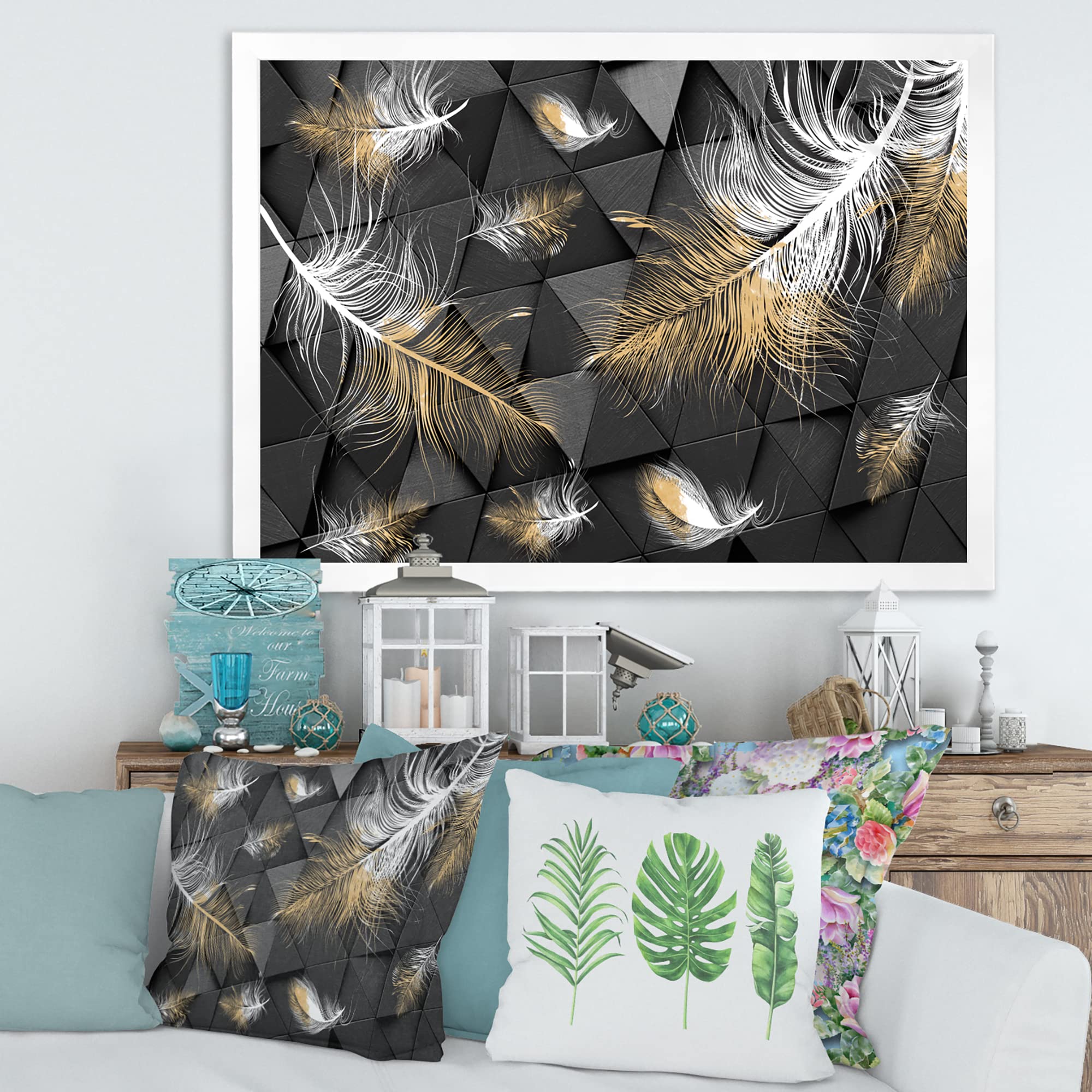 White and Gold Feathers Modern Triangular Framed Wall Art - Elegant Home Decor for Living Room, Bedroom & Office