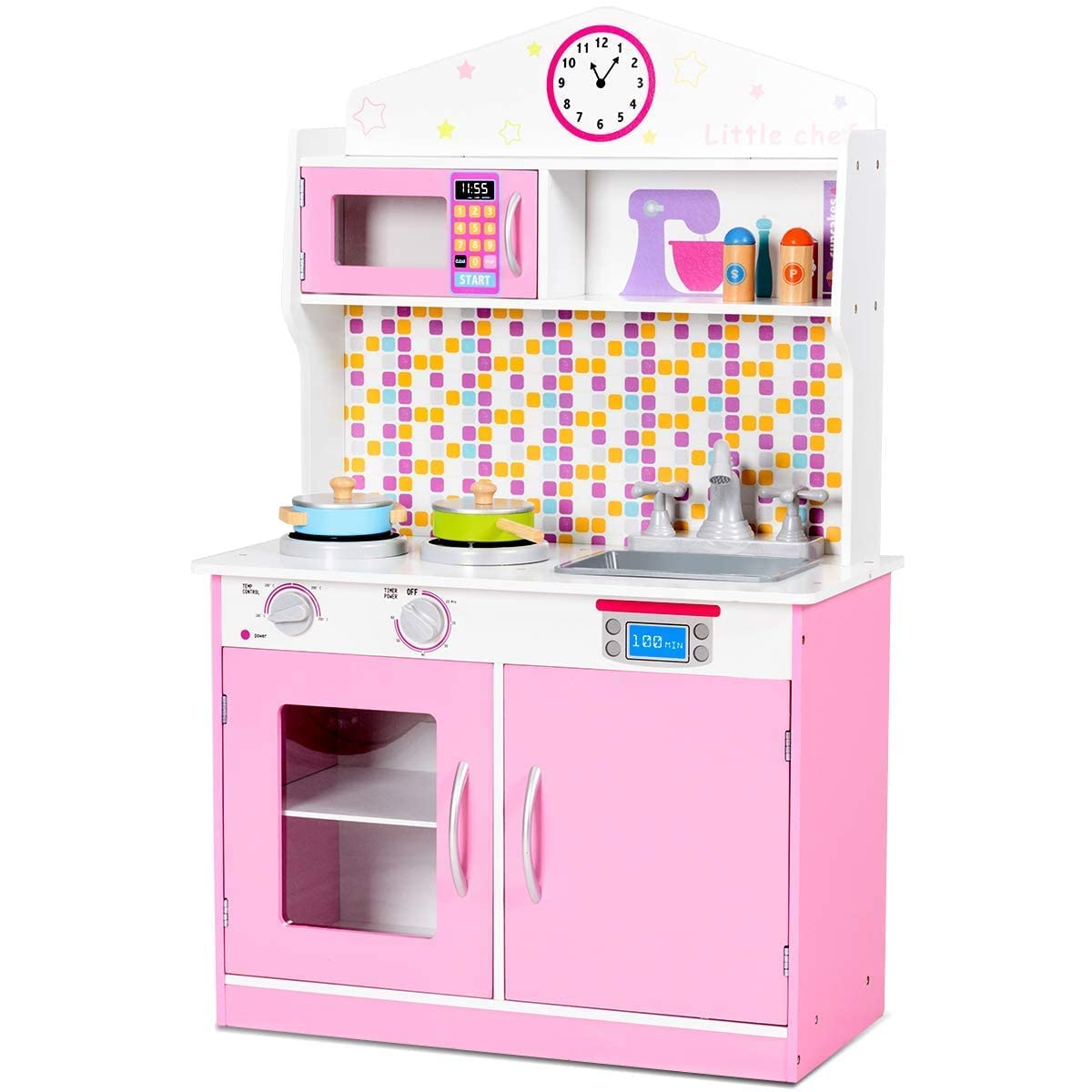 OLAKIDS Wooden Play Kitchen Set for Toddlers - Real Sound Effects, Stove, Microwave, Sink & Storage Cabinet - Pretend Cooking Toys Gift for Boys & Girls (Pink) | Perfect for Imaginative Play, Birthday Gifts & Preschool Learning