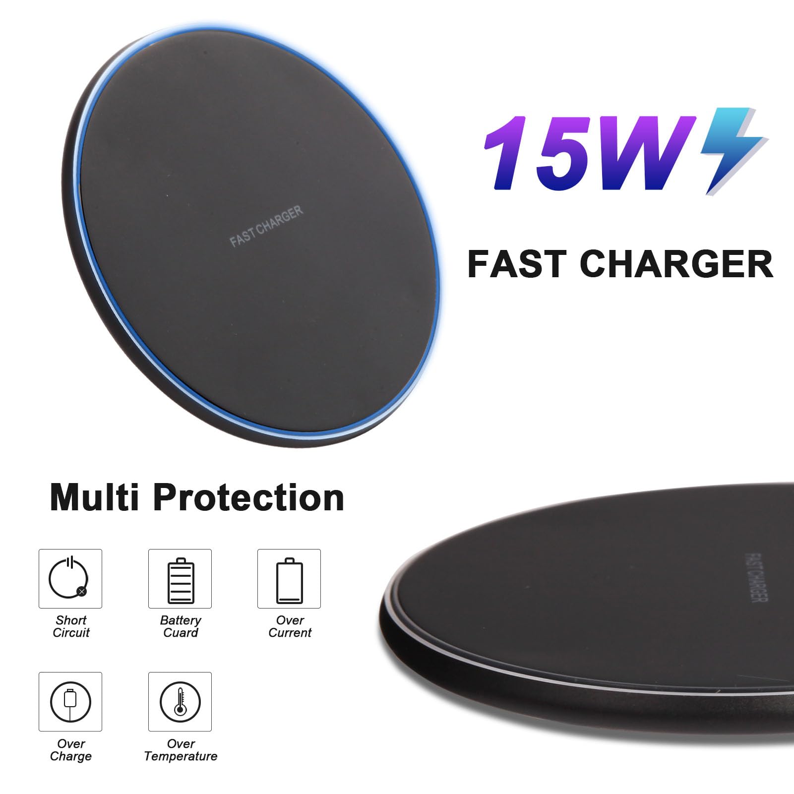 15W Fast Wireless Charger Pad - Qi Certified for iPhone 16/15/14/13/12 Pro Max/SE/XR & Samsung Galaxy S24/S23/S22/S21/Note/Pixel - Compatible with AirPods & LG Phones (Black) | Perfect for Bedside, Office & Car Charging