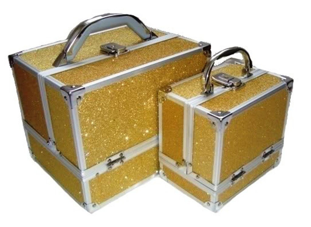 2 Piece Sparkly Glitter Aluminum Beauty Makeup Vanity Case Box - Nail & Hair Organizer Storage (Gold) | Perfect for Salon, Travel & Home Cosmetic Organization