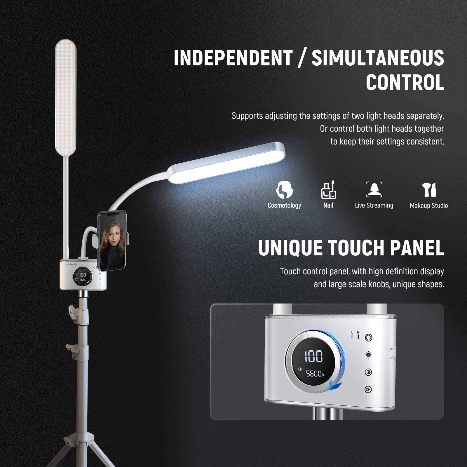 Professional NEEWER Esthetician LED Light with Phone Holder & Travel Bag - 2.4G/PC/MAC Control, Dual Independent CRI98+ Bi-Color Dimmable Heads for Tattoo, Lash Extensions & Beauty Treatments - Perfect for Salon, Spa & Mobile Beauty Professionals (Model BH40B)
