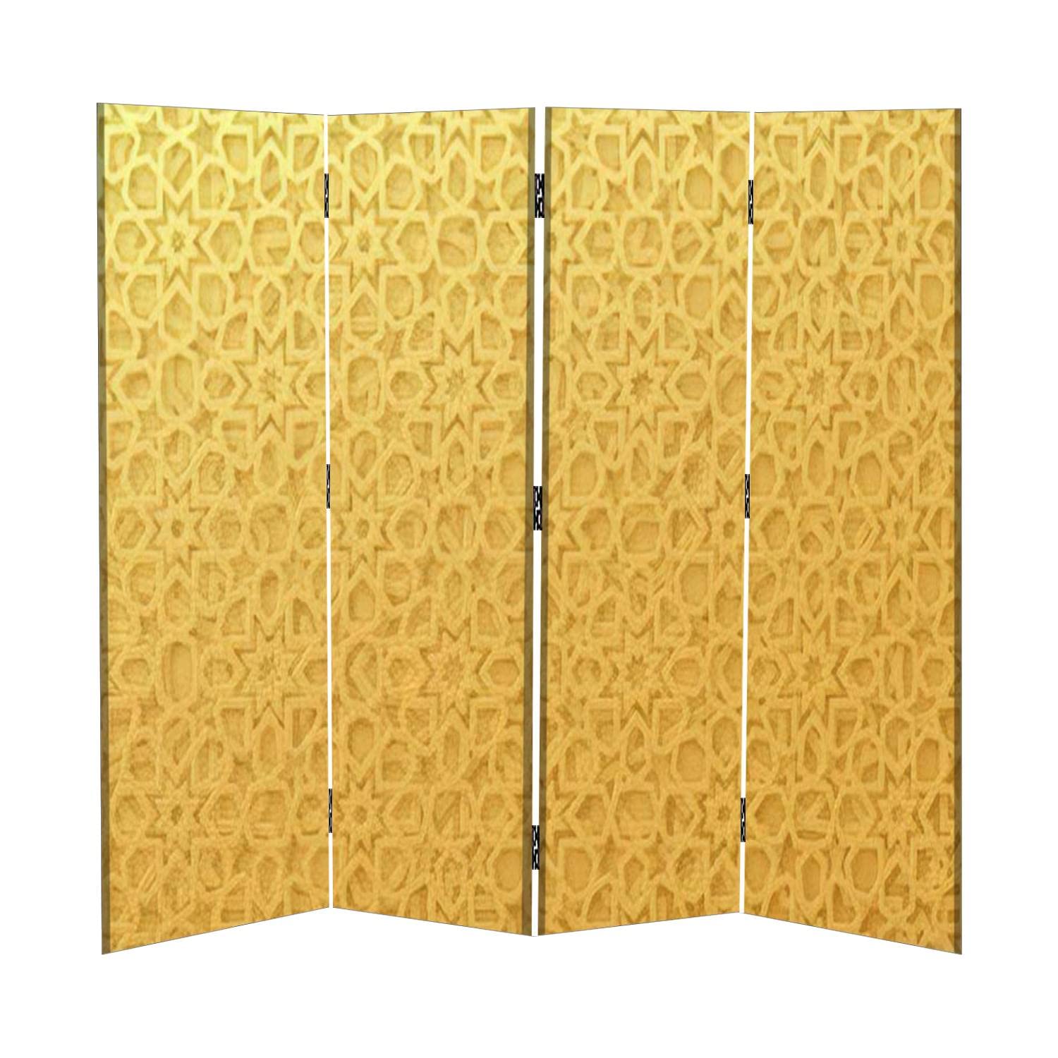 4 Panel Canvas Room Divider Screen with Gold Geometric 3D Texture - Traditional Arabian Motif Folding Privacy Partition for Home, Office & Events | Temporary Wall Divider for Bedrooms, Living Rooms & Workspaces