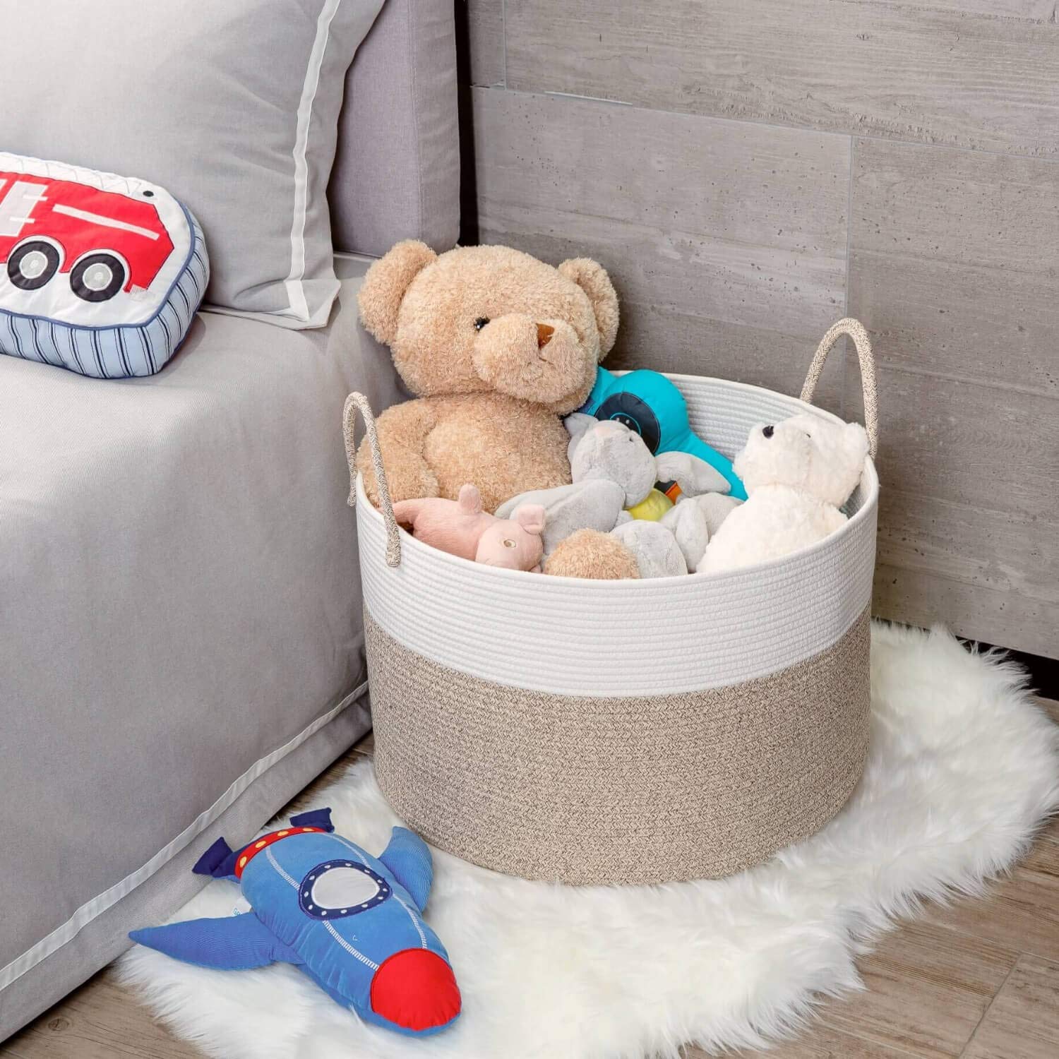 MINTWOOD Extra Large 22x14 Inch Cotton Rope Storage Basket - Woven Laundry Hamper, Toy Organizer, Decorative Pillow & Blanket Holder for Living Room, Bedroom, Nursery | Handmade with Handles for Easy Carrying