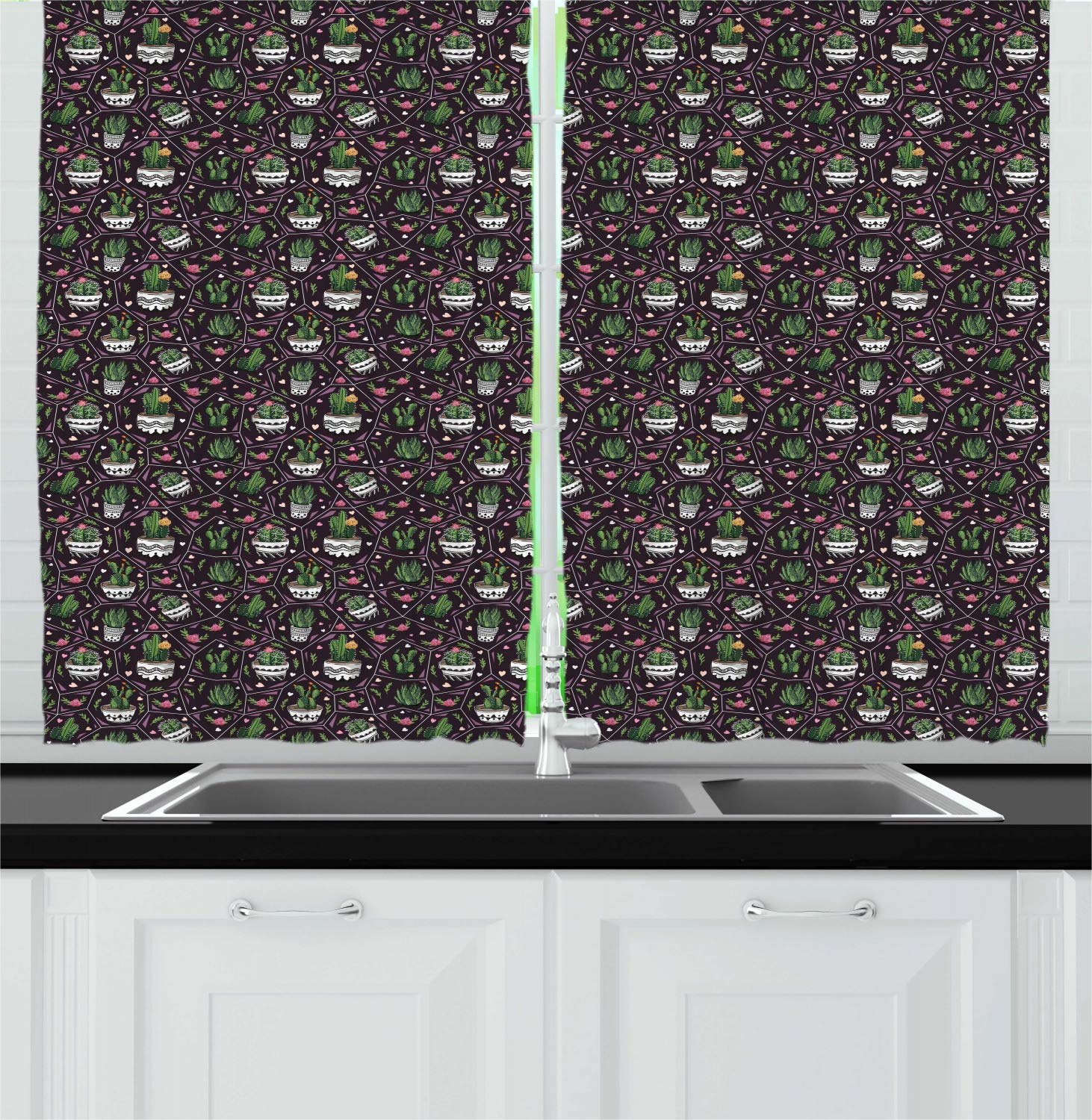 Ambesonne Cactus Kitchen Curtains Set of 2 Panels - Geometric Boho Design with Flowering Succulents & Hearts - 55