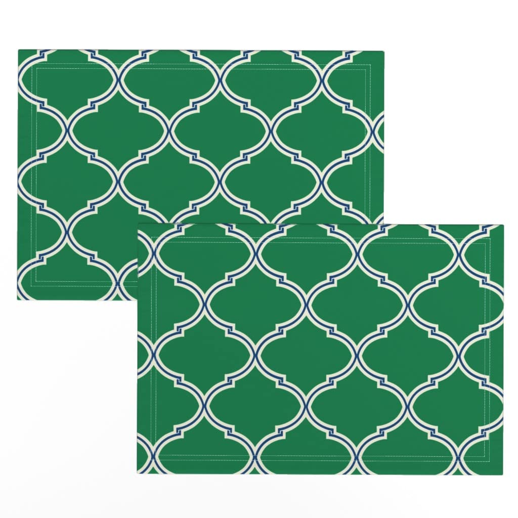 Premium Linen Cotton Canvas Placemats Set of 2 - Trellis Preppy Green Navy Quatrefoil Moroccan Ogee Print - Washable Table Mats for Dining, Kitchen, and Party Decor