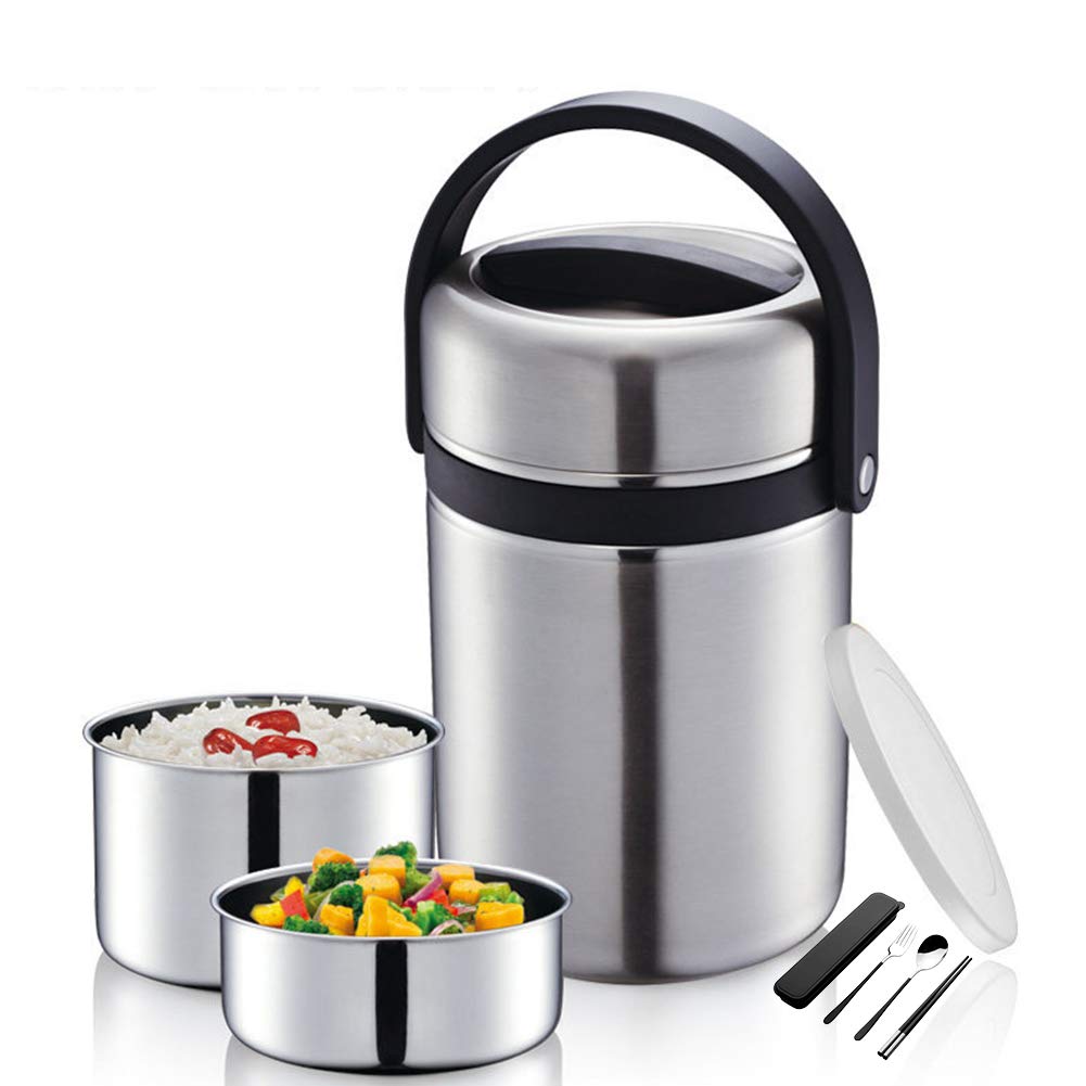 2L Vacuum Insulated Food Flask - 3-Layer Stainless Steel Lunch Box for Adults & Kids | Keeps Food Hot/Cold 12+ Hours | Perfect for Office, School, Camping & Outdoor Activities (Silver, 2.0L Capacity)