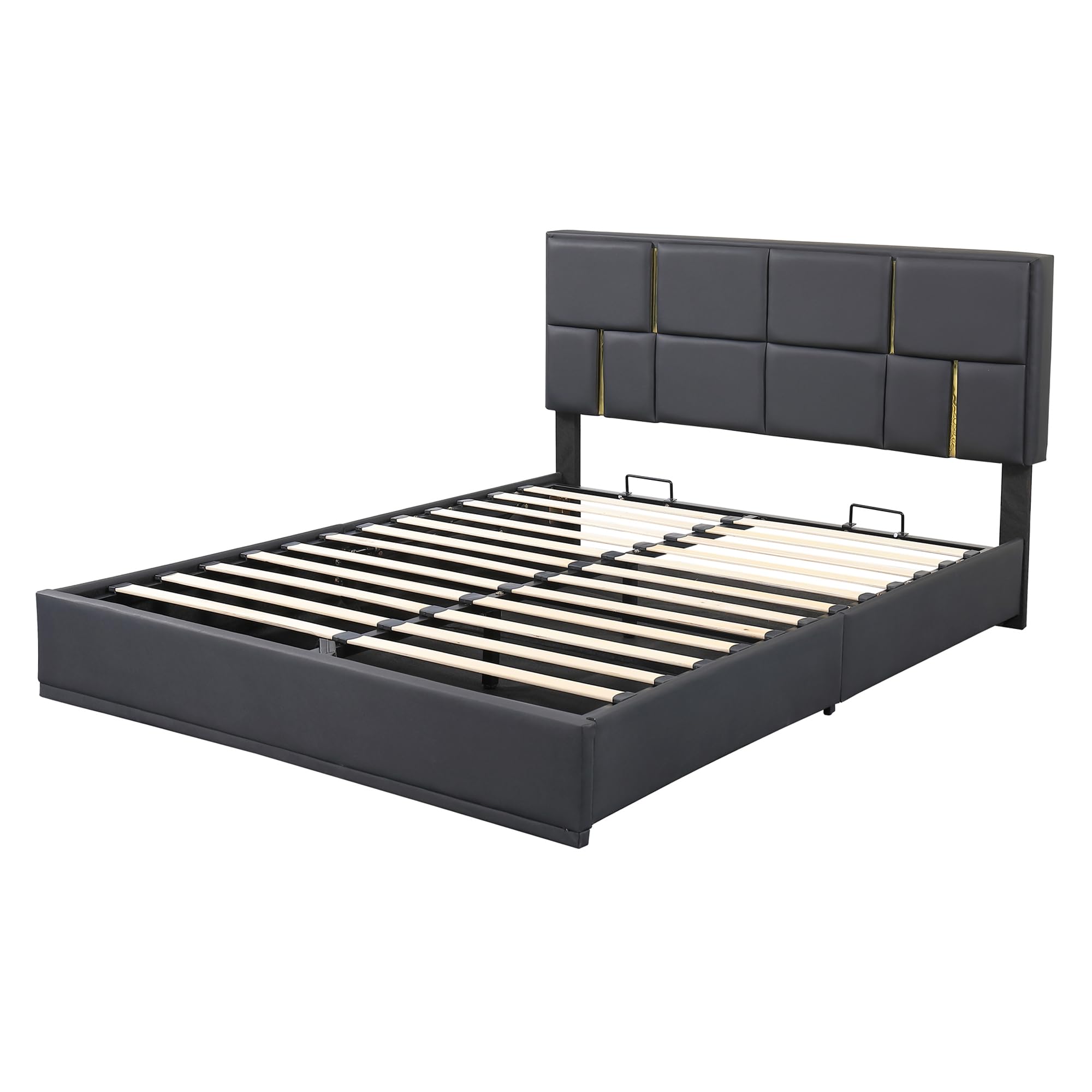 Queen Size 2-Piece Bedroom Set - PU Upholstered Platform Bed with Hydraulic Storage & Matching Ottoman - Wood Frame with Metal Legs for Kids, Teens & Adults - Perfect for Small Spaces & Guest Rooms (Black)