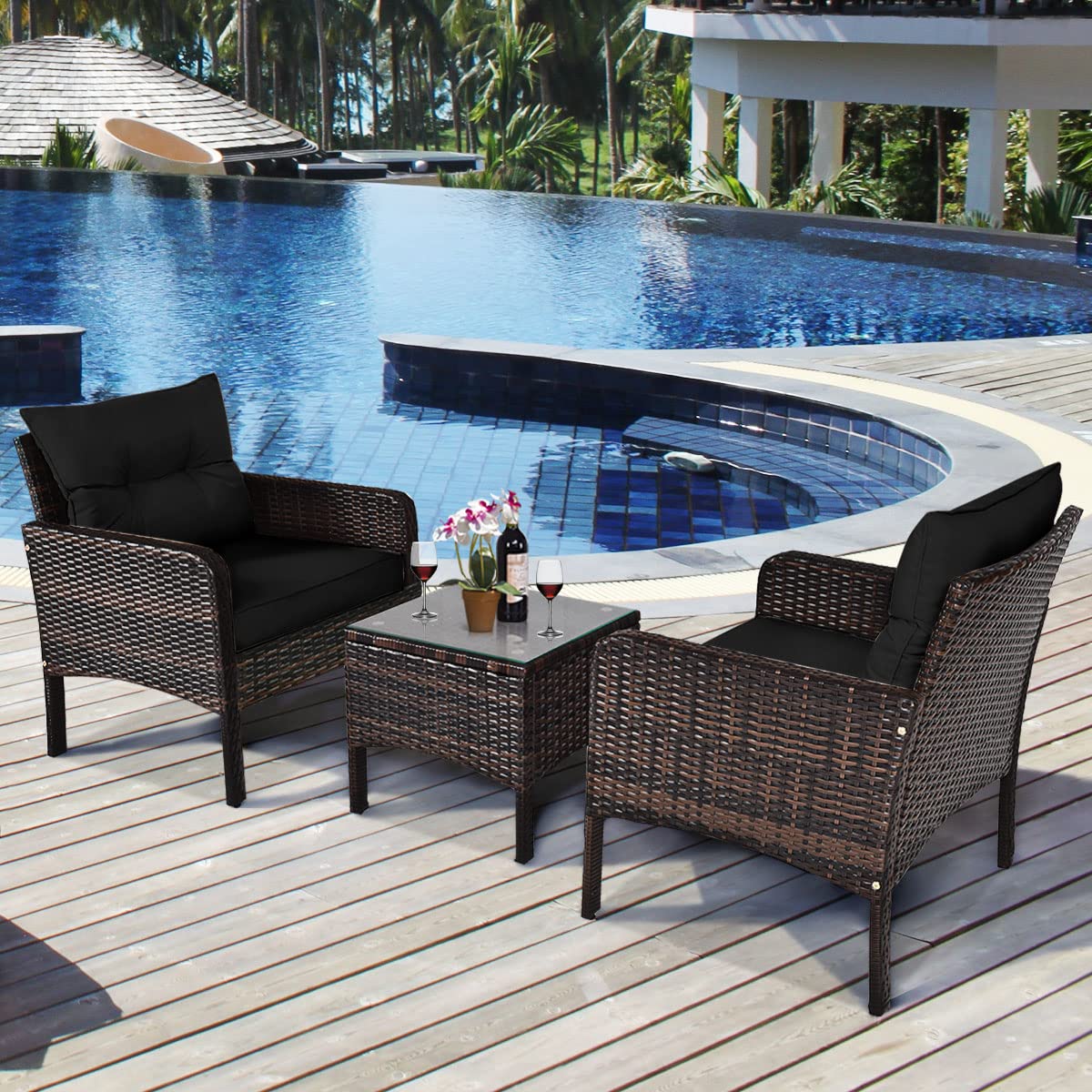 COSTWAY 3-Piece Outdoor Patio Furniture Set - All-Weather Wicker Sofa with Cushions & Coffee Table - Rattan Conversation Set for Garden, Balcony, Backyard, Poolside - Perfect for Relaxing, Entertaining & Outdoor Lounging (Black)