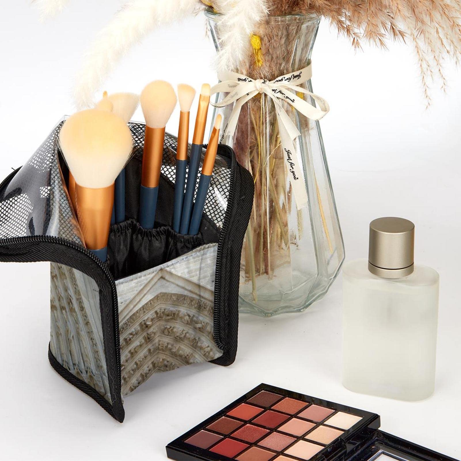 12-Piece Makeup Brush Organizer Bag with French Architecture Design - Portable Travel Cosmetic Brush Holder Case for Professional Makeup Artists & Beauty Enthusiasts - Perfect for Home, Salon, and On-the-Go Use