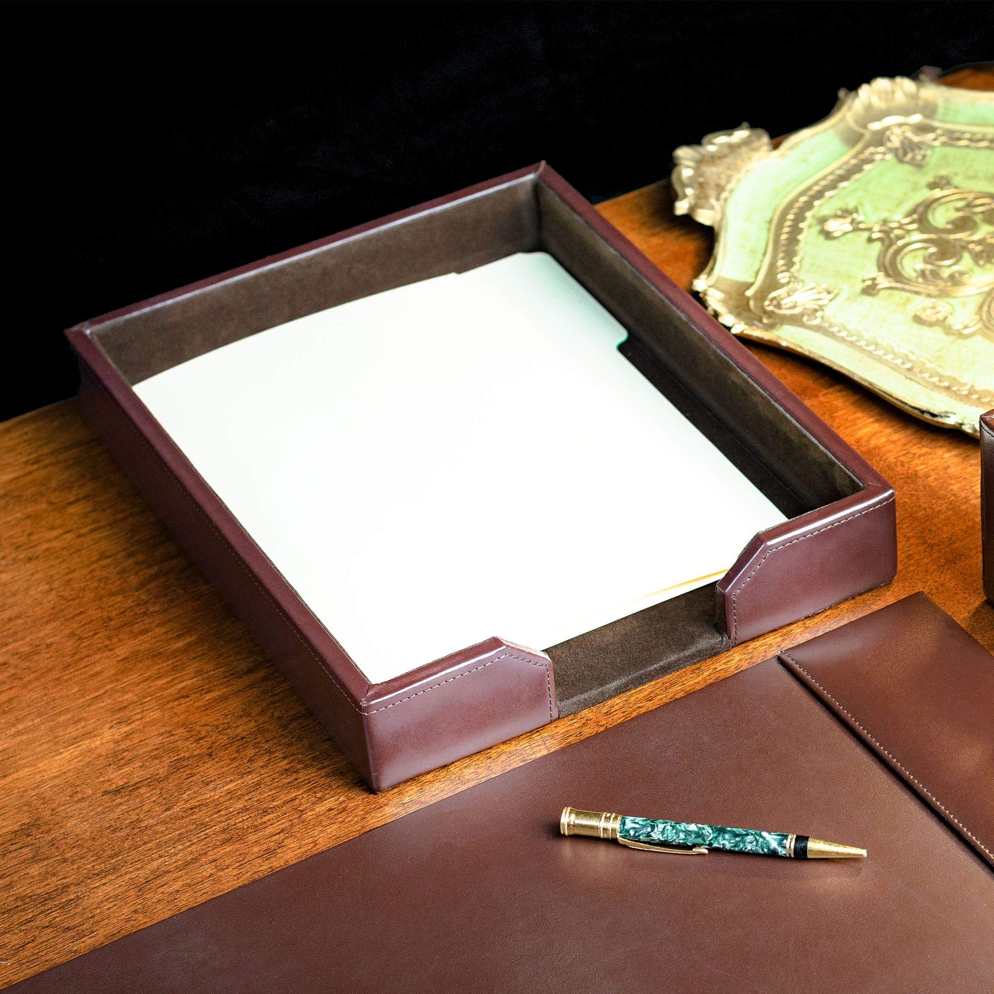 Premium 7-Piece Dark Brown Leather Desk Pad Set with Organizer - Luxurious Bonded Leather Office Desk Mat & Essential Accessories for Home & Office Workspace