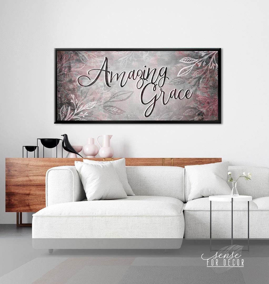 Amazing Grace Christian Wall Art Sign - Rustic Farmhouse Kitchen Decor - Large Framed Canvas Wall Décor Ready to Hang - Red Pink with Black Floating Frame 42x19 - Perfect for Home, Church & Office Decorations
