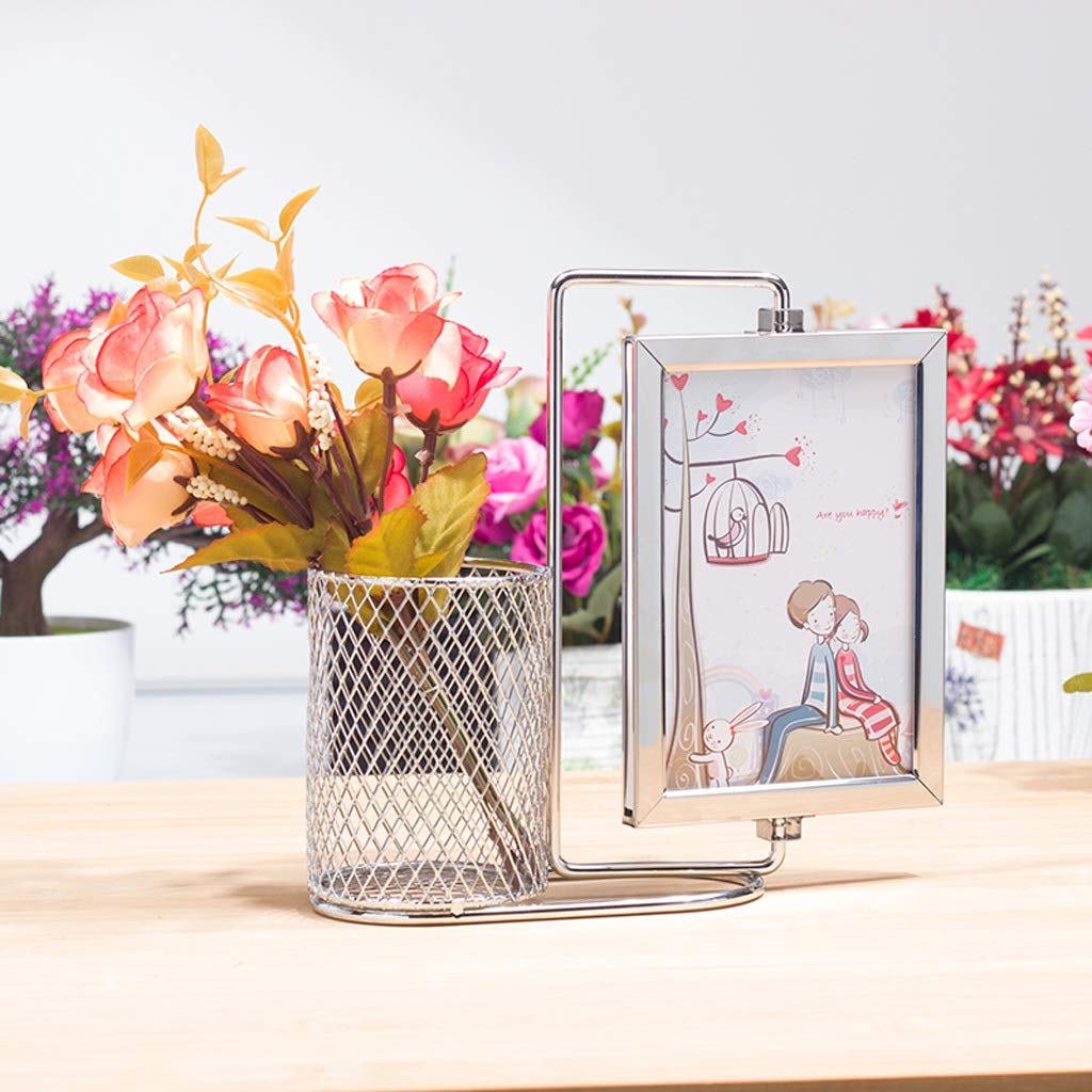 Rotatable Metal Mesh Photo Frame with Pen Holder - Desk Organizer for Home & Office, Holds 2 Photos, Perfect for Workspace Decor and Stationery Storage