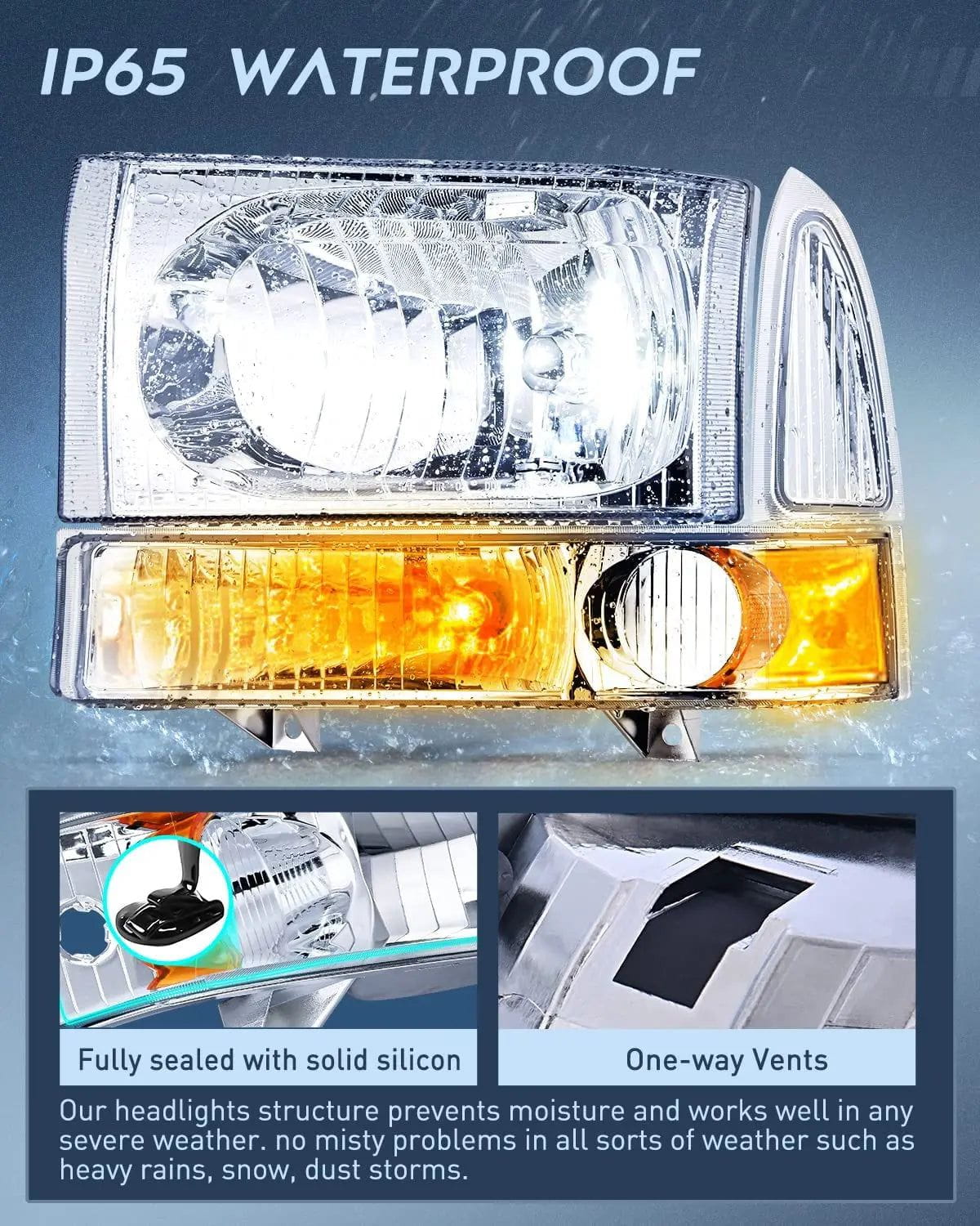 1999-2004 Ford F250 F350 F450 F550 Replacement Headlight Assembly - Chrome Housing with Amber Reflector - Perfect for Night Driving & Off-Road Adventures
